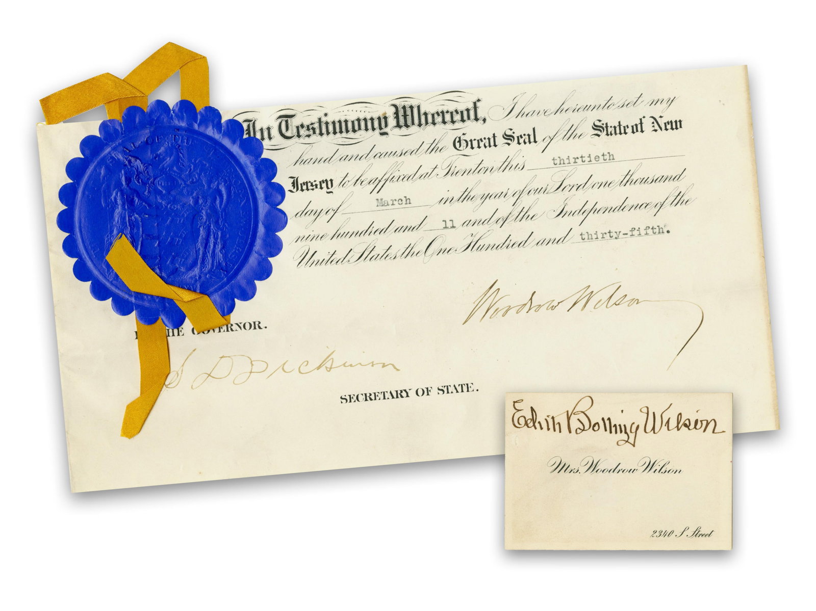 Woodrow & Edith Wilson (2) Signed Items (1 of 3)