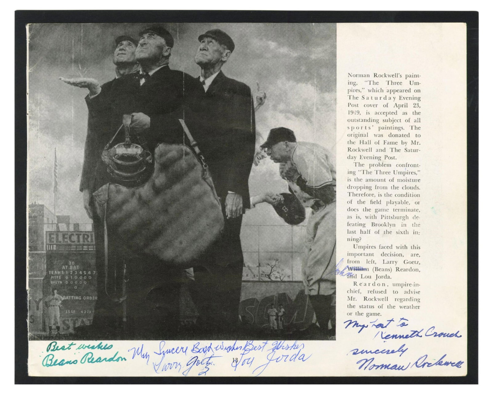 Norman Rockwell & 3 Umps Sign "Tough Call" - Only Signed Example Encountered! PSA Mint 9, HOF (1 of 3)