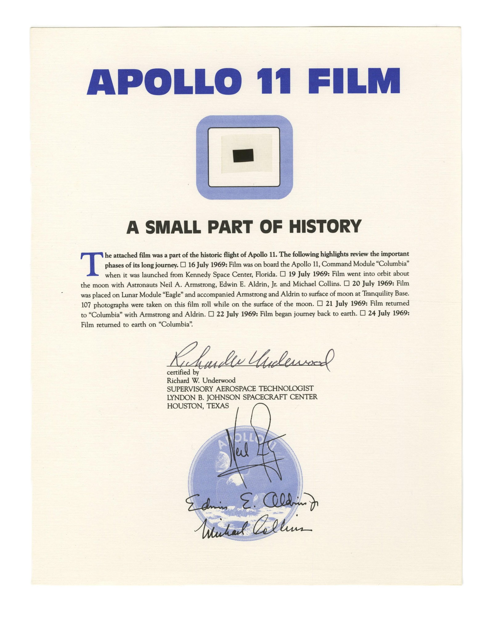 Apollo 11 Flown Film - Dick Underwood COA (1 of 2)