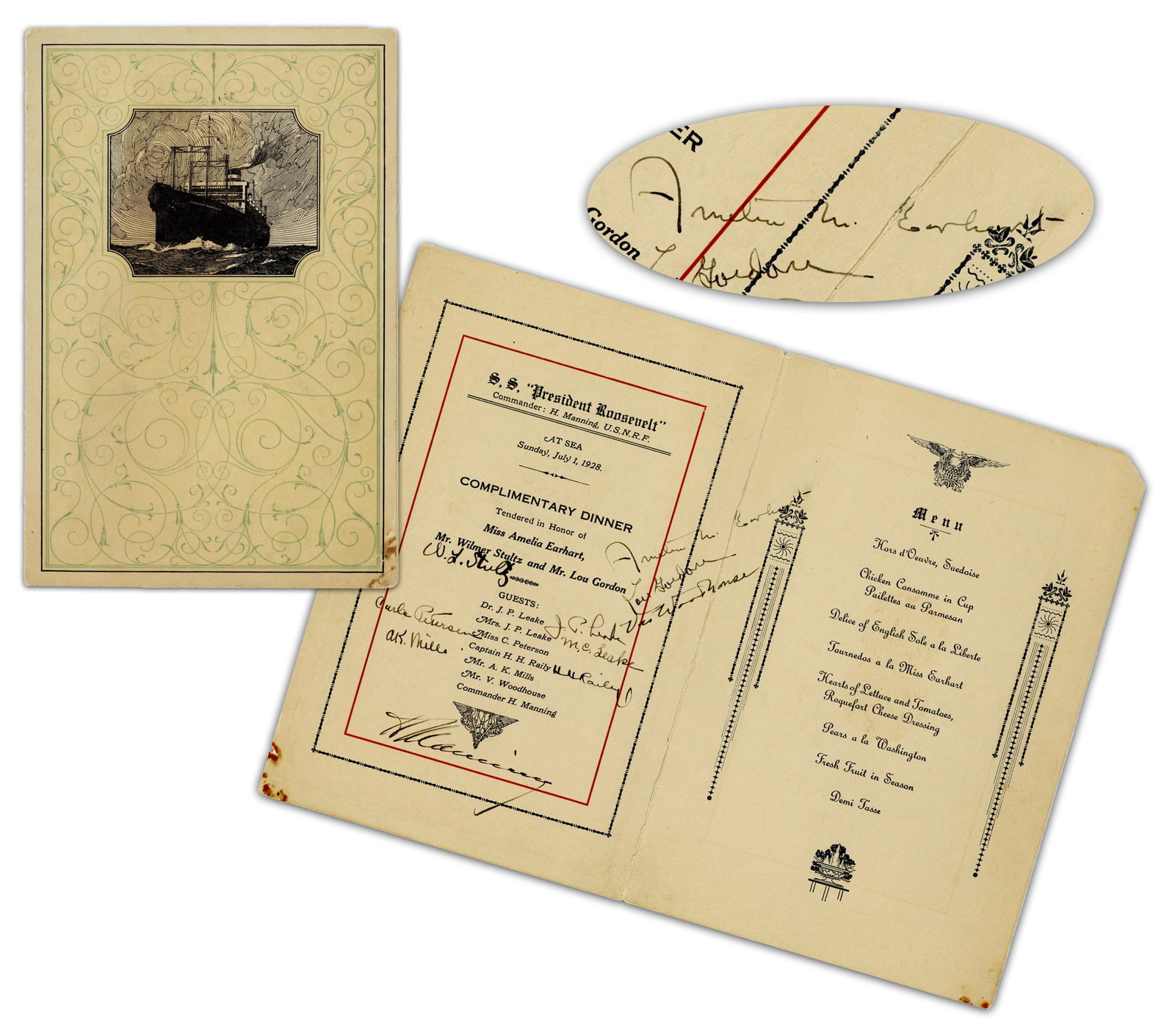 All (3) "Friendship" Crew - Earhart, Stultz & Gordon - Signed Menu En Route To NY Aboard "S.S. (1 of 6)