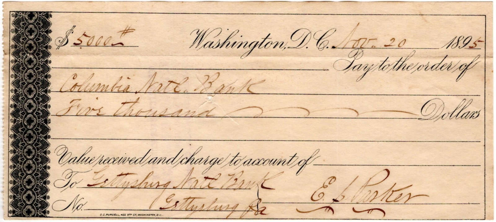 Washington, D.C. Banker Signs Check to Transfer $5,000 from His Columbia National Bank to Gettysburg (1 of 2)
