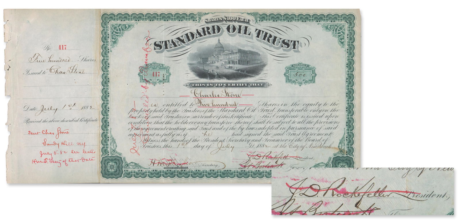 J. D. Rockefeller Signed Cert for 500 Shares in Standard Oil Trust - Twice Signed by Flagler! (1 of 4)