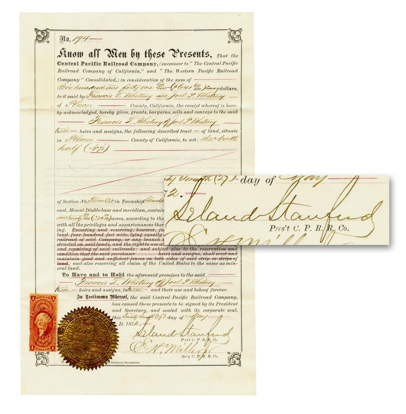 Leland Stanford Signed Central Pacific RR Deed (1 of 4)