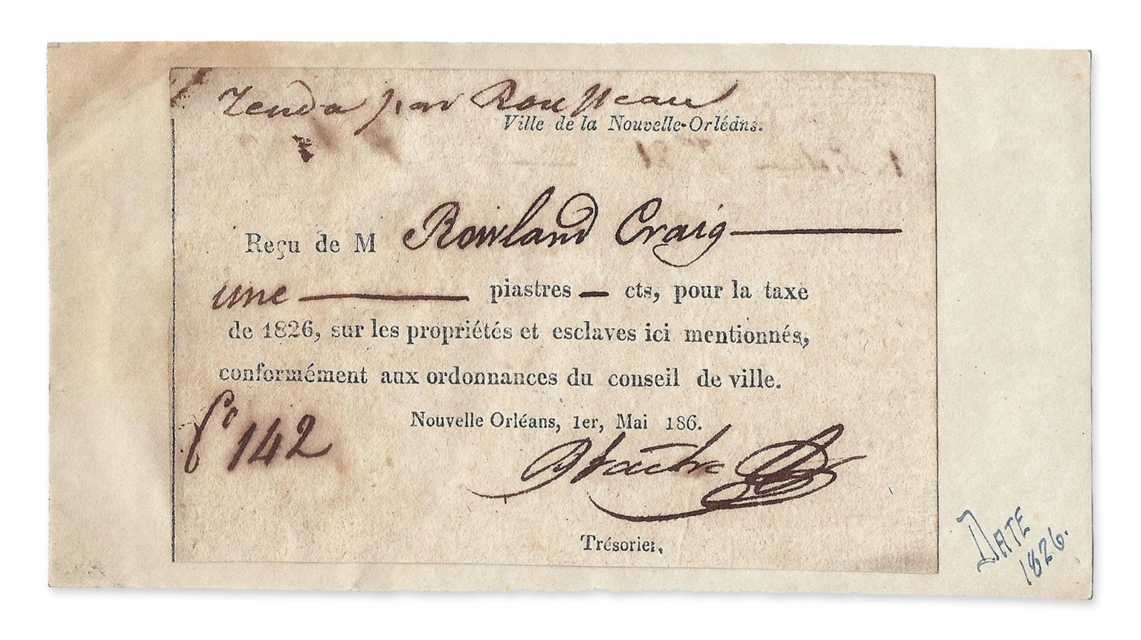 Taxes Paid on an Slave in 1826 Rare New Orleans Printed Receipt (1 of 2)