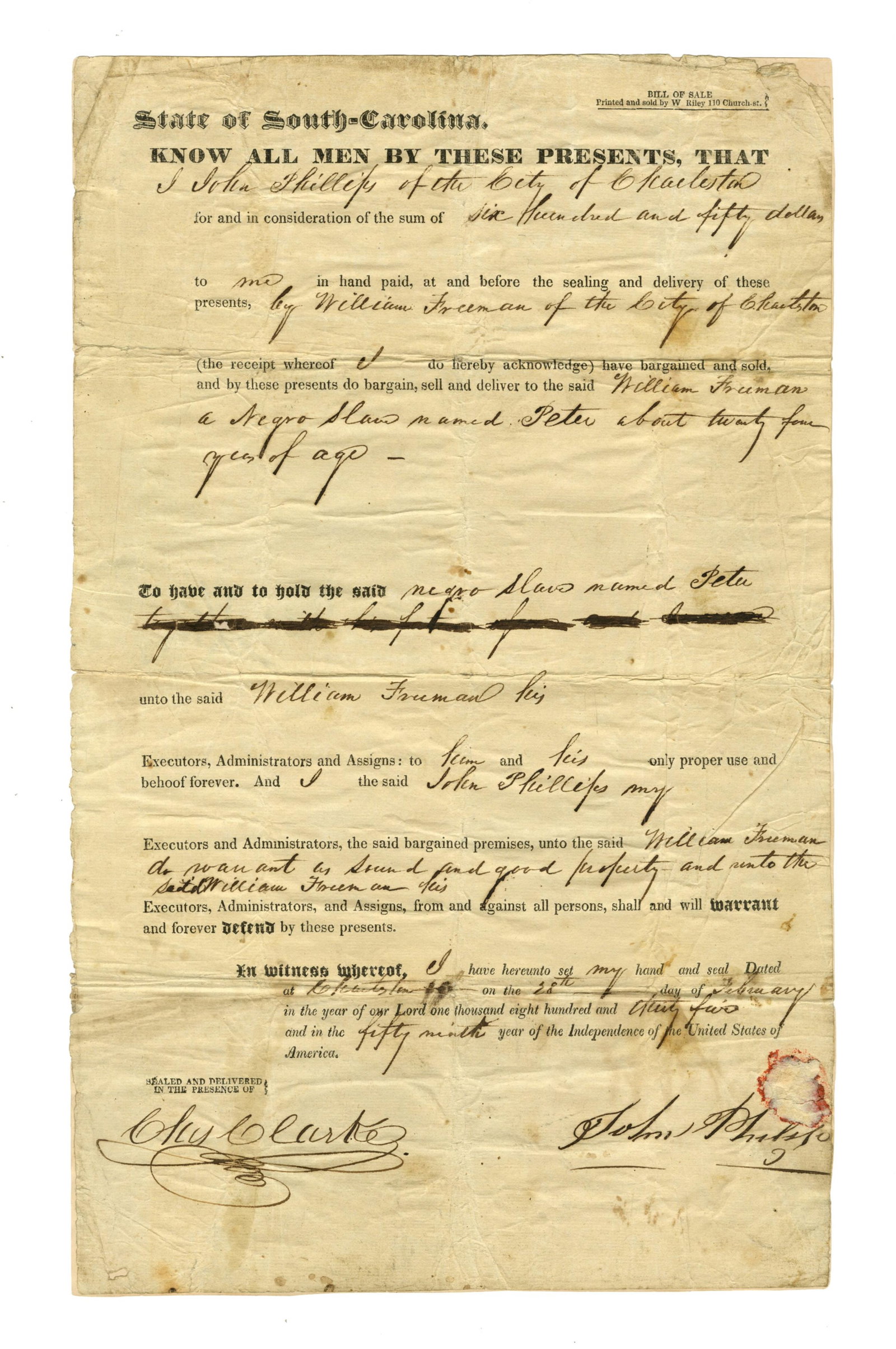 1835 South Carolina Slave Purchase Document (1 of 2)