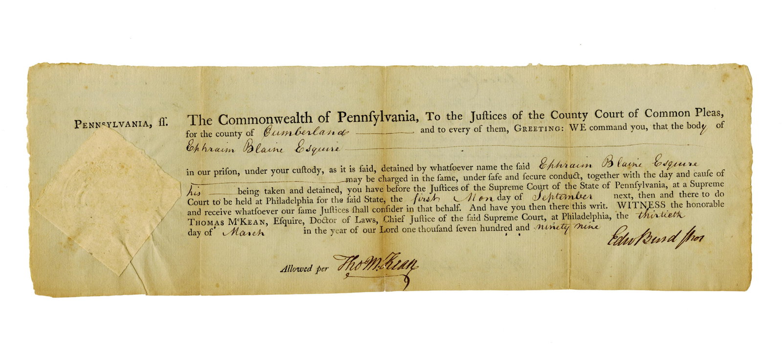 Thomas McKean DS as Chief Justice of PA: Thomas McKean Philadelphia, PA, March 13, 1799 Thomas McKean DS as Chief Justice of PA Partially printed DS A partially printed court document signed by Founding Father Thomas McKean as Chief Justice