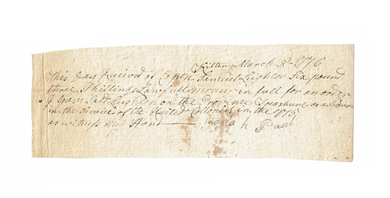 Revolutionary War Capt. Sam. Leighton Pay Receipt for his "Service of the United Colonies in the (1 of 2)