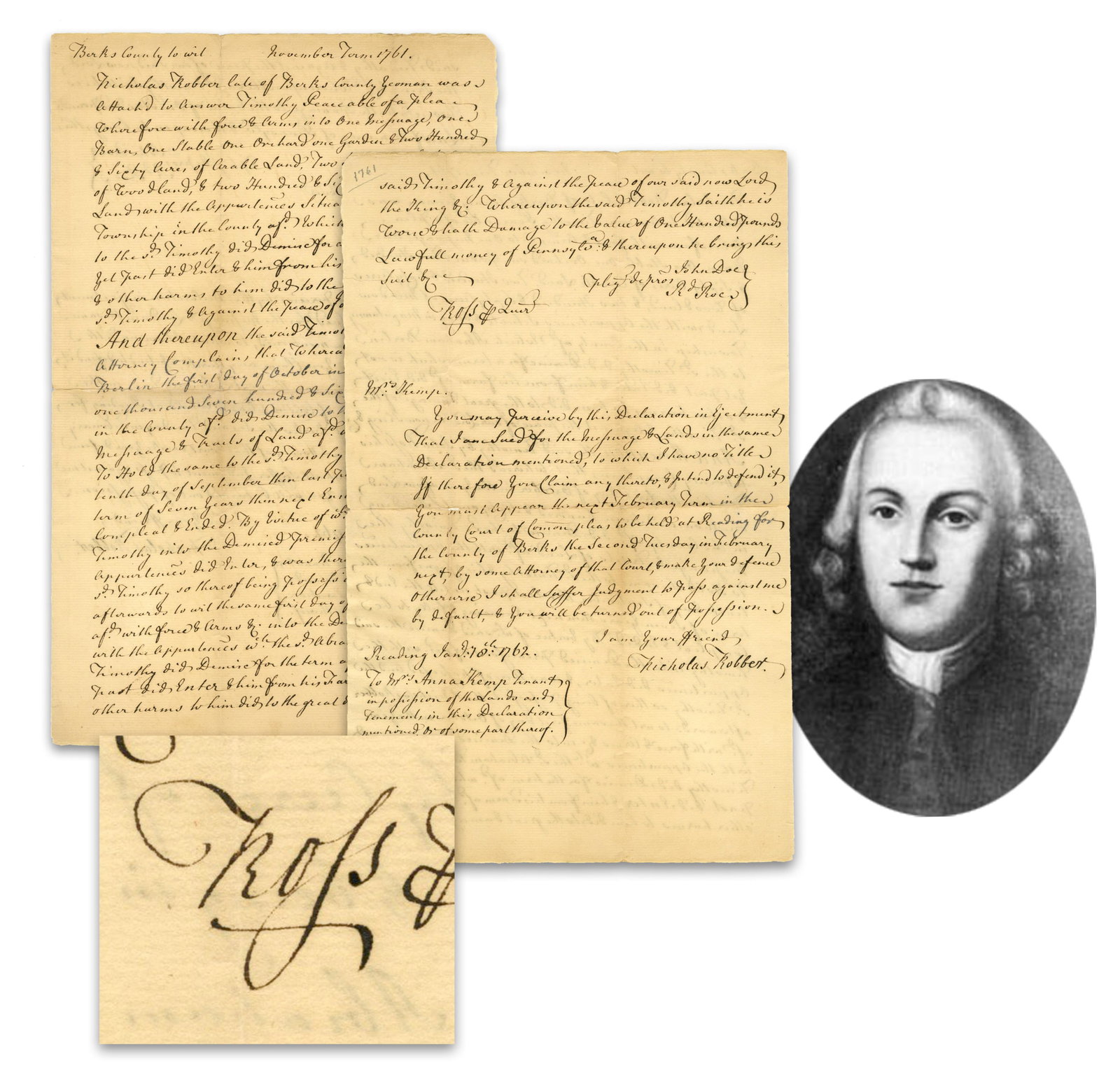 George Ross 1761 DS as King's Attorney: George Ross [Berks County, PA], ca. November, 1761 George Ross 1761 DS as King's Attorney DS A manuscript legal document signed by Founding Father George Ross as attorney to the King. 2p (front and