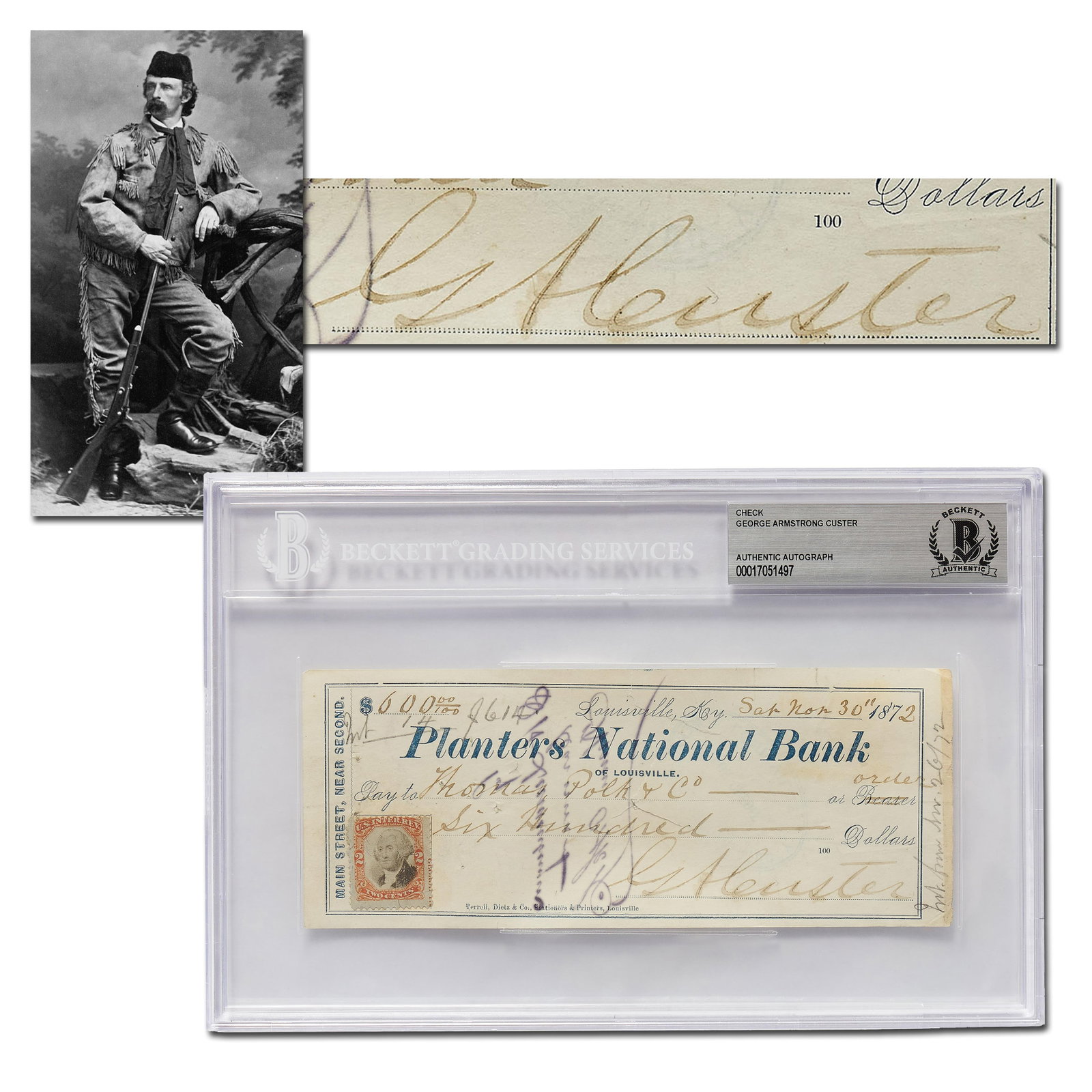 George A. Custer Handwritten Signed Check, 1872, Beckett Encapsulated (1 of 4)