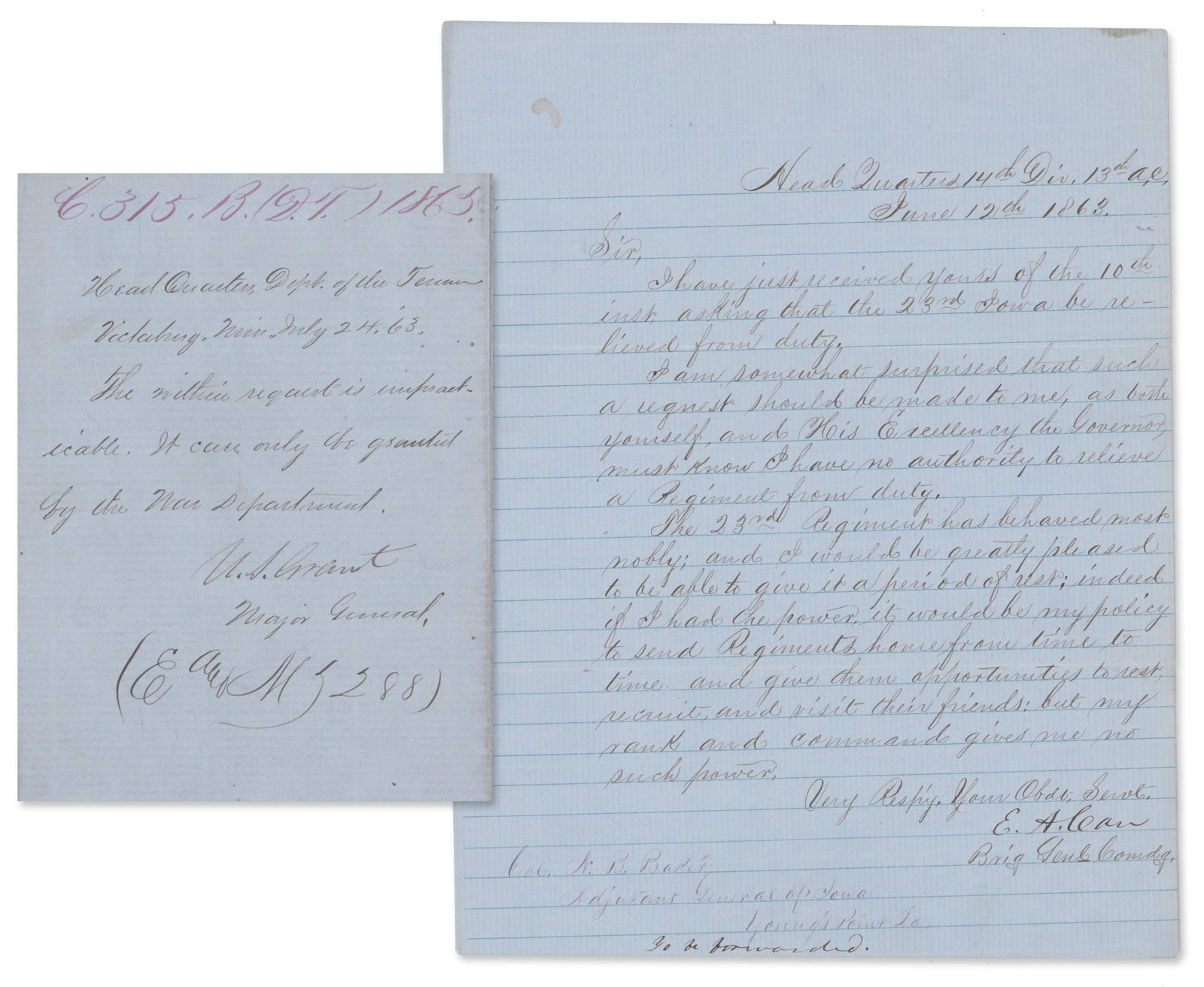 3 Weeks after Vicksburg, U.S. Grant Denies Respite to the IA 23rd Who Fought at Milliken's Bend (1 of 3)