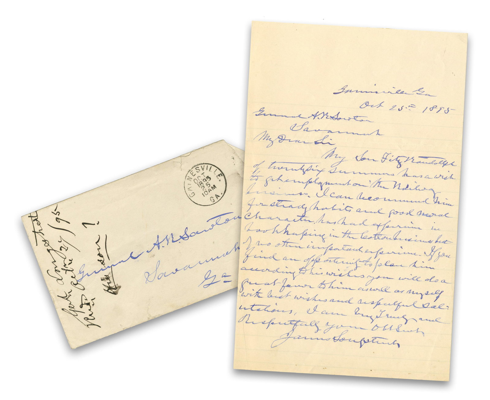 James Longstreet ALS to Fellow Confederate General Recommending Son For a Position (1 of 3)