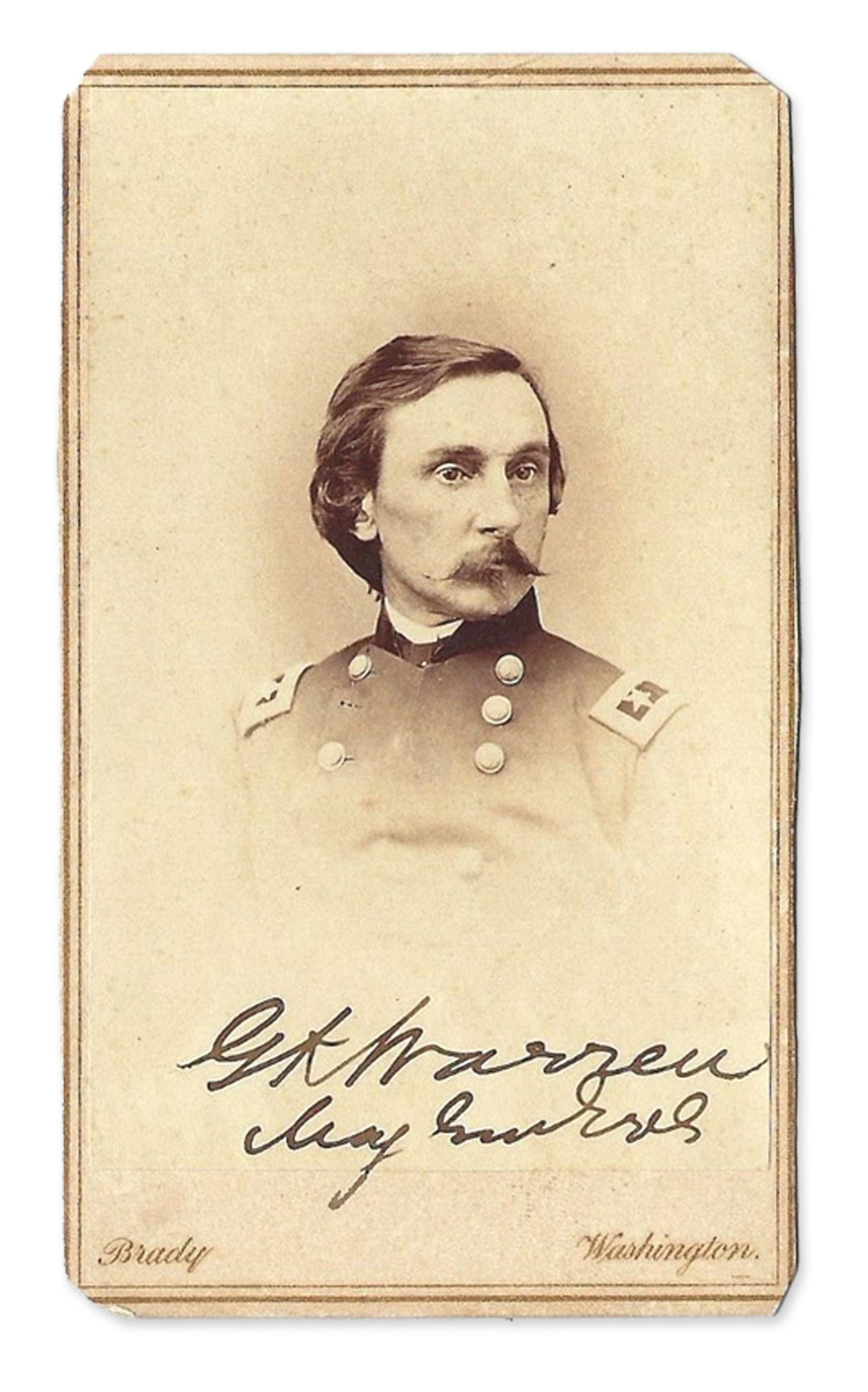 G.K. Warren Signed CDV w/ Rank by Brady: Gouverneur K. Warren n.p., n.d. G.K. Warren Signed CDV w/ Rank by Brady Signed photograph Carte de visite, 2.375” x 4”; no place, no date. A vignette portrait of Gouverneur K. Warren with 