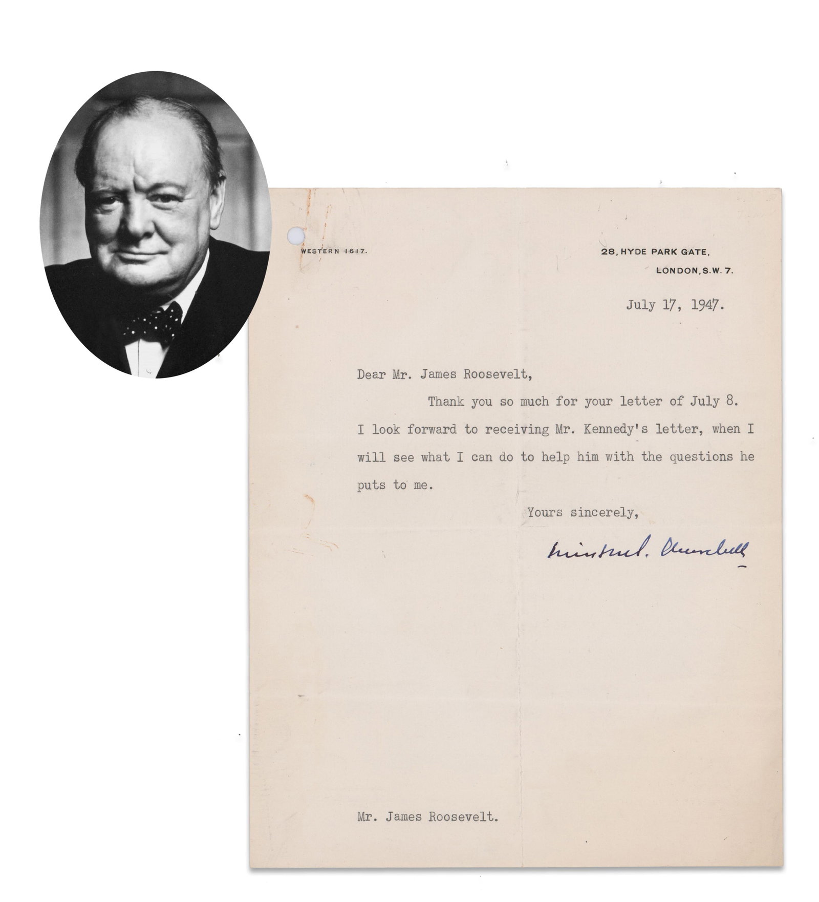 Winston Churchill Writes TO FDR's Son RE: Film About FDR (1 of 2)