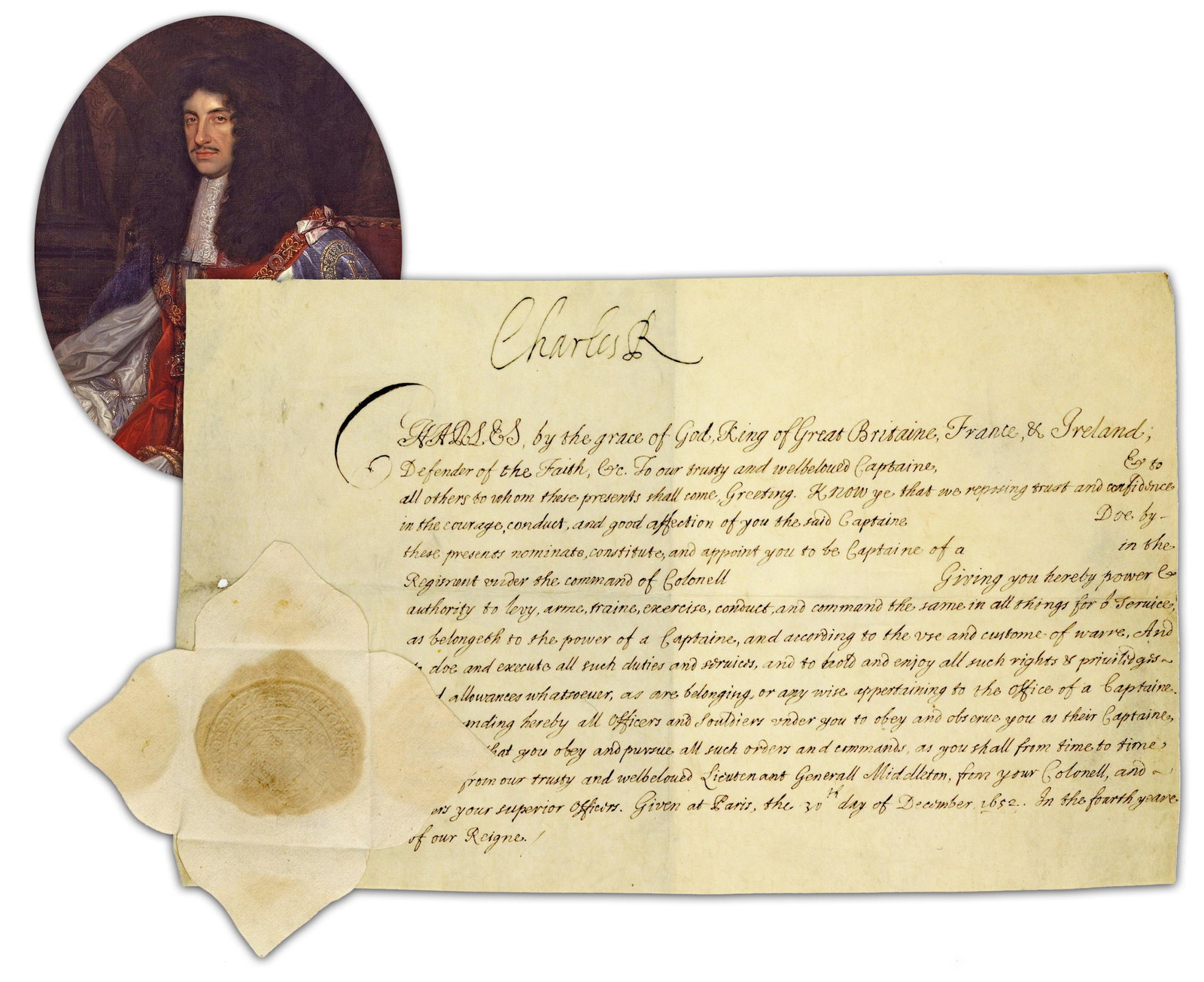 King In Exile! Charles II Signed 1652 Military Appointment Form Issued In France (1 of 4)