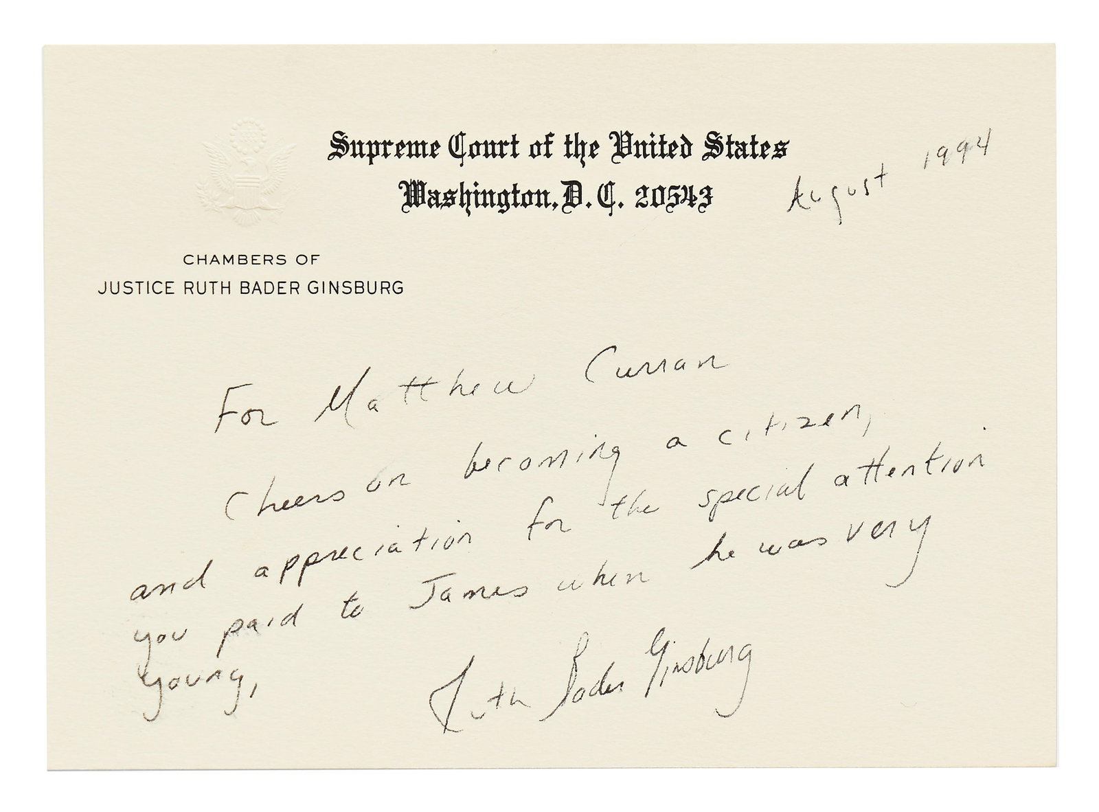 Ruth Bader Ginsburg ANS as Supreme Court Justice: "Cheers on becoming a citizen" (1 of 4)