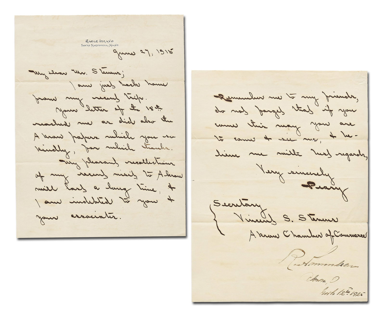 Roald Amundsen & Robert Peary Dual-Signed Letter, Very Rare with Signatures of Both Polar Explorers: Roald Amundsen & Robert Peary South Harpswell, ME, June 1915 & March 1925 Roald Amundsen & Robert Peary Dual-Signed Letter, Very Rare with Signatures of Both Polar Explorers LS A very rare document