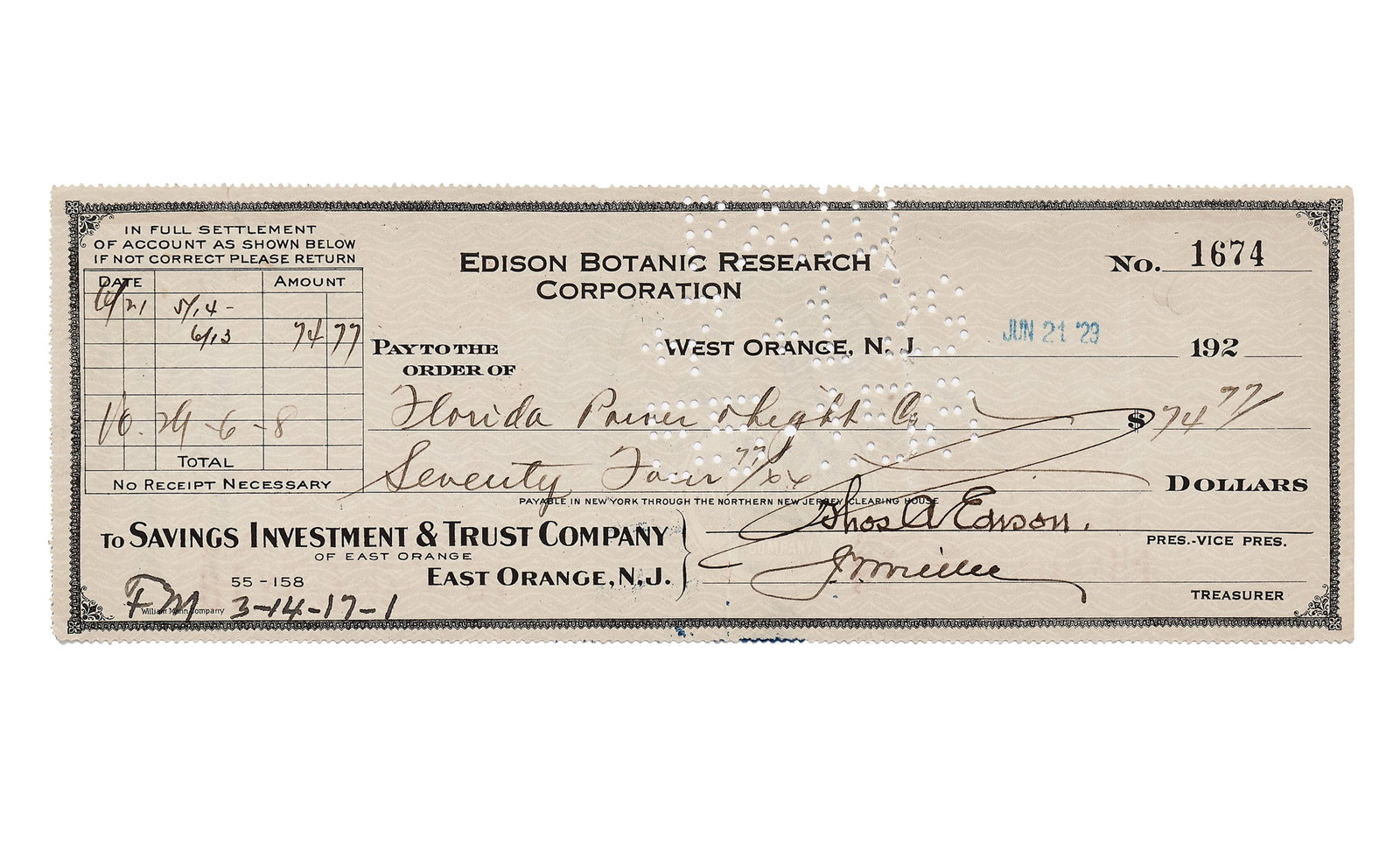Thomas Edison Signed "Edison Botanic Research Corporation" Bank Check (1 of 3)