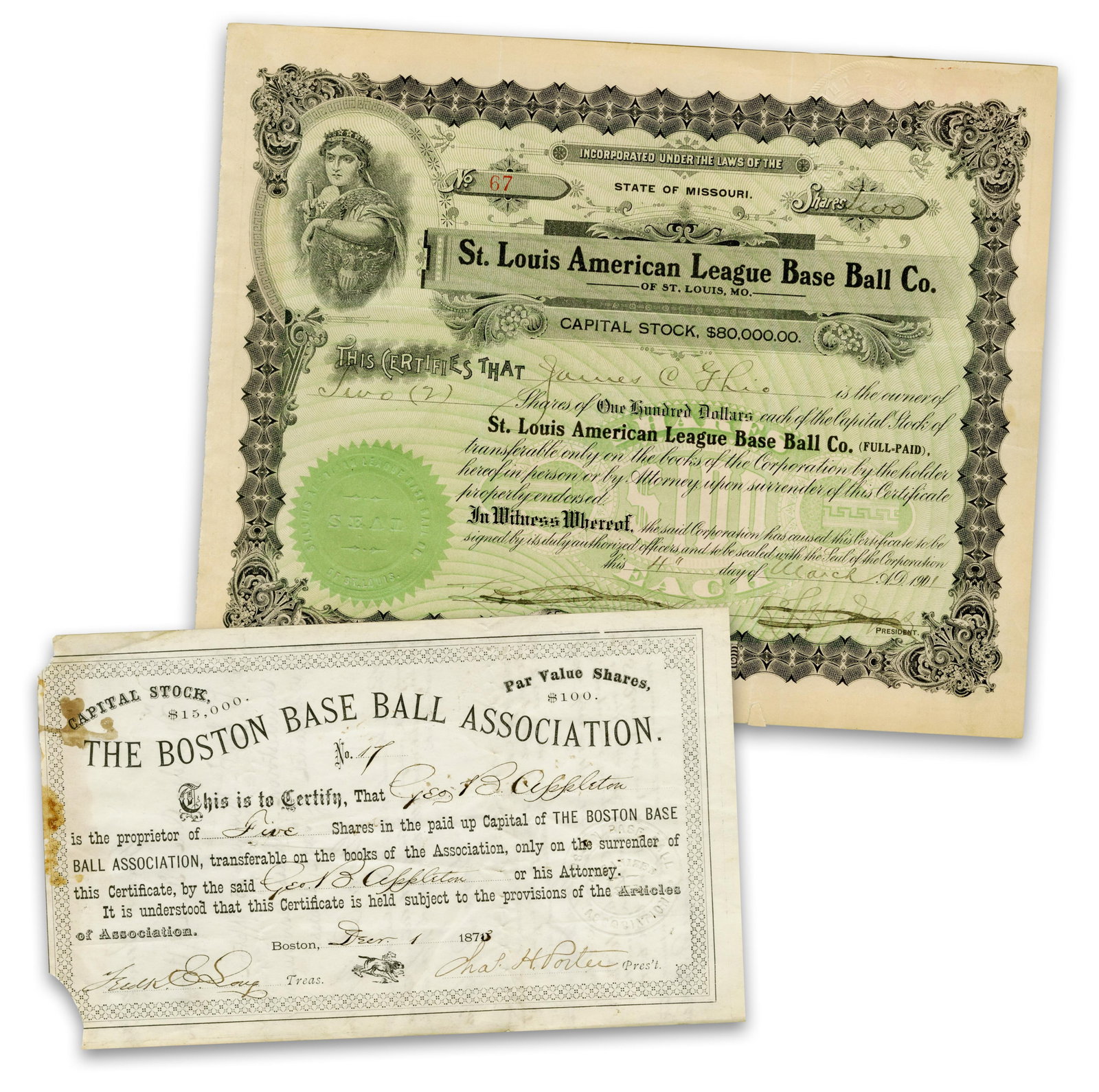 (2) Early Baseball Stock Certificates, Boston Base Ball Association & St. Louis American League: Baseball Boston, MA & St. Louis, MO, ca. 1873 & 1911 (2) Early Baseball Stock Certificates, Boston Base Ball Association & St. Louis American League Partially printed DS A rare and historic pair of