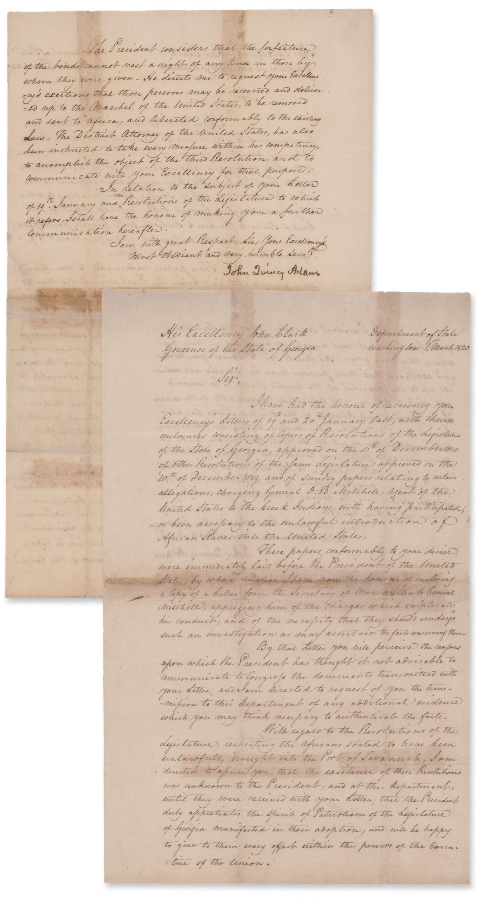 JQ Adams Directs Gov. Clark to Release Smuggled Slaves "to be removed and sent to Africa, and (1 of 3)
