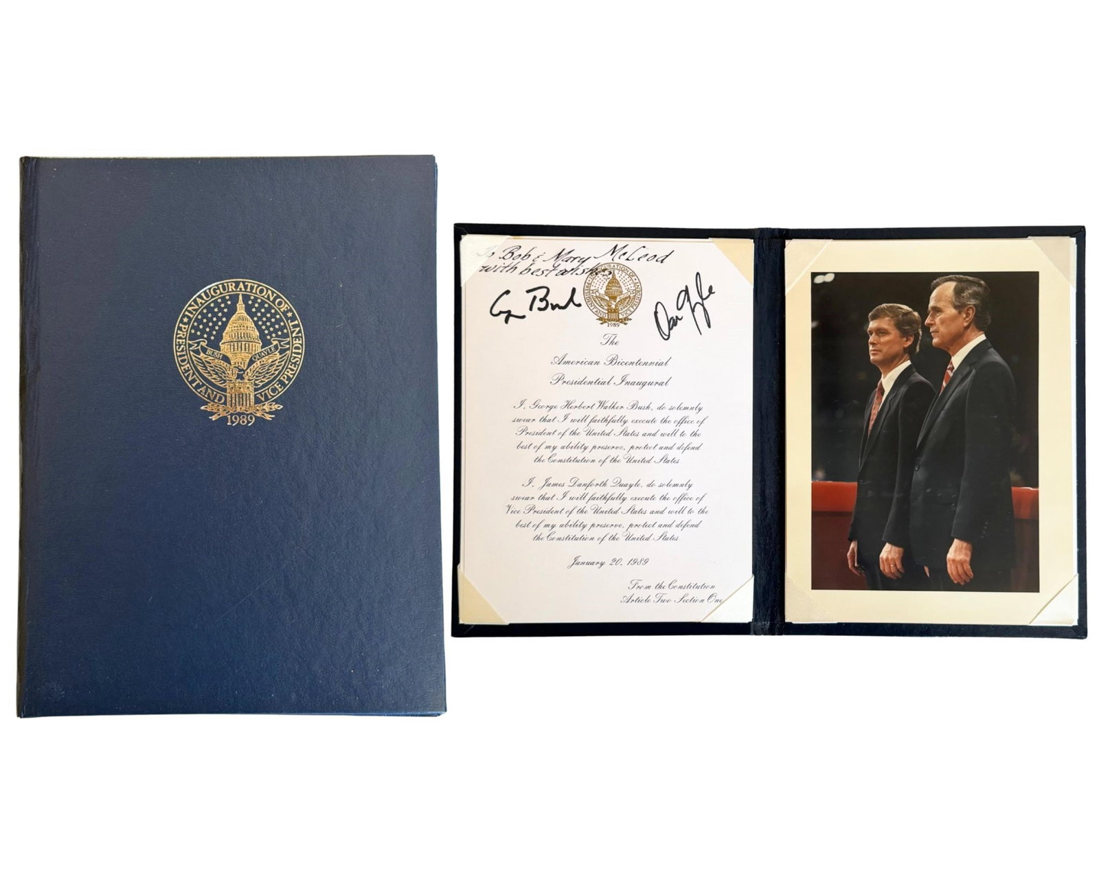 George H.W. Bush & Dan Quayle Signed Inauguration Oath of Office: George H.W. Bush Washington, DC, January 20, 1989 George H.W. Bush & Dan Quayle Signed Inauguration Oath of Office Document Oath of office signed by George H.W. Bush & Dan Quayle, housed in an officia