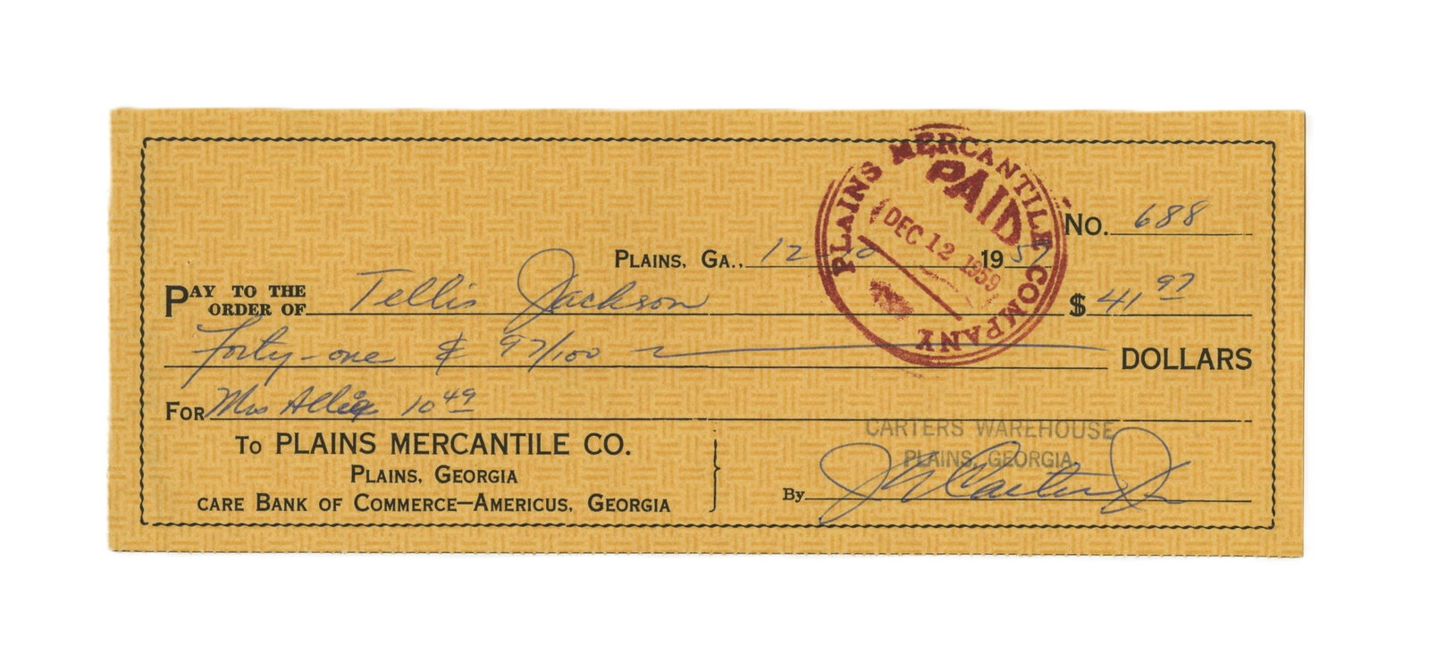 Jimmy Carter 1959 Signed Check: Jimmy Carter Plains, GA, December 10, 1959 Jimmy Carter 1959 Signed Check Signed check Jimmy Carter (1924-2024). Check signed by President Jimmy Carter as "JE Carter Jr" and written out entirely in hi
