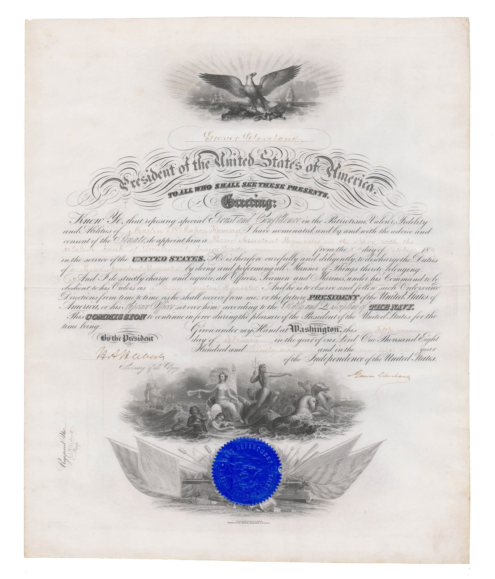 Grover Cleveland Rare Signed Naval Appointment, 1897 (1 of 1)