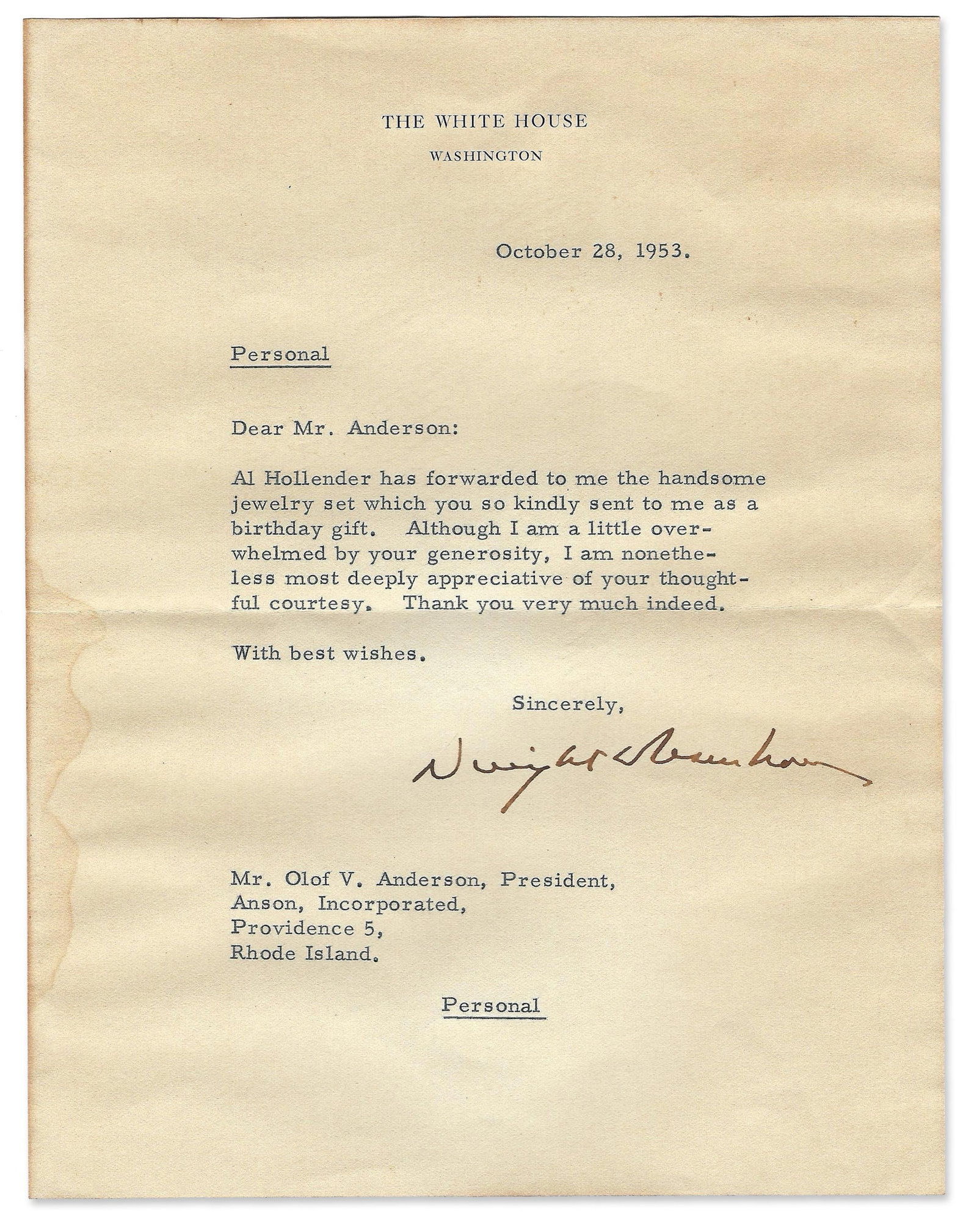 Eisenhower Sends Thanks for a Birthday Gift (1 of 2)