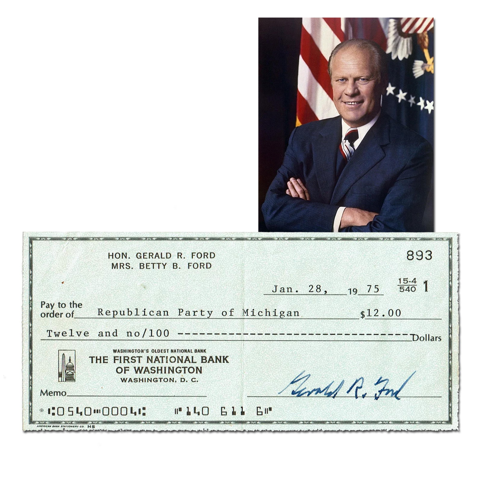 Gerald Ford Signed Check as President to the Republican Party of Michigan, Supremely Rare! (1 of 5)