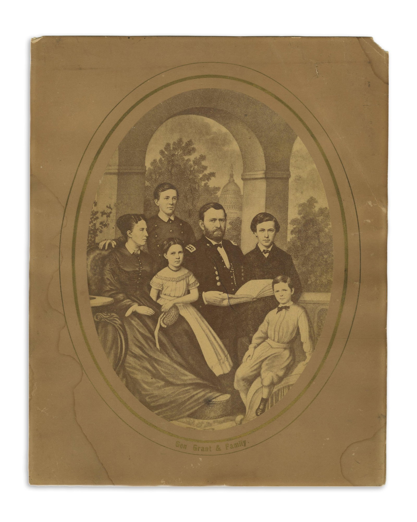 U.S. Grant & Family Albumen: Ulysses Grant n.p., ca. late 1860s U.S. Grant & Family Albumen Photograph Early albumen print of Ulysses S. Grant seated with a book surrounded by his family, with the dome of Capitol Hill in Washingt