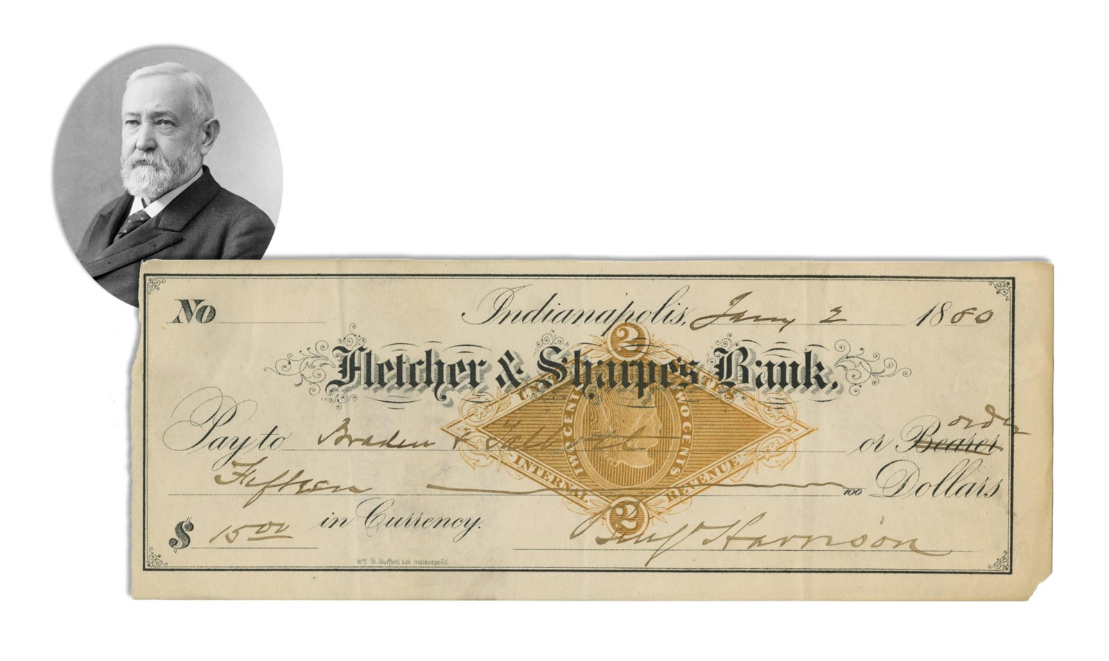 Benjamin Harrison 1880 Signed Check: Benjamin Harrison Indianapolis, IN, January 2, 1880 Benjamin Harrison 1880 Signed Check Signed check Benjamin Harrison (1833-1901). A check signed by 23rd President of the United States Benjamin Harri