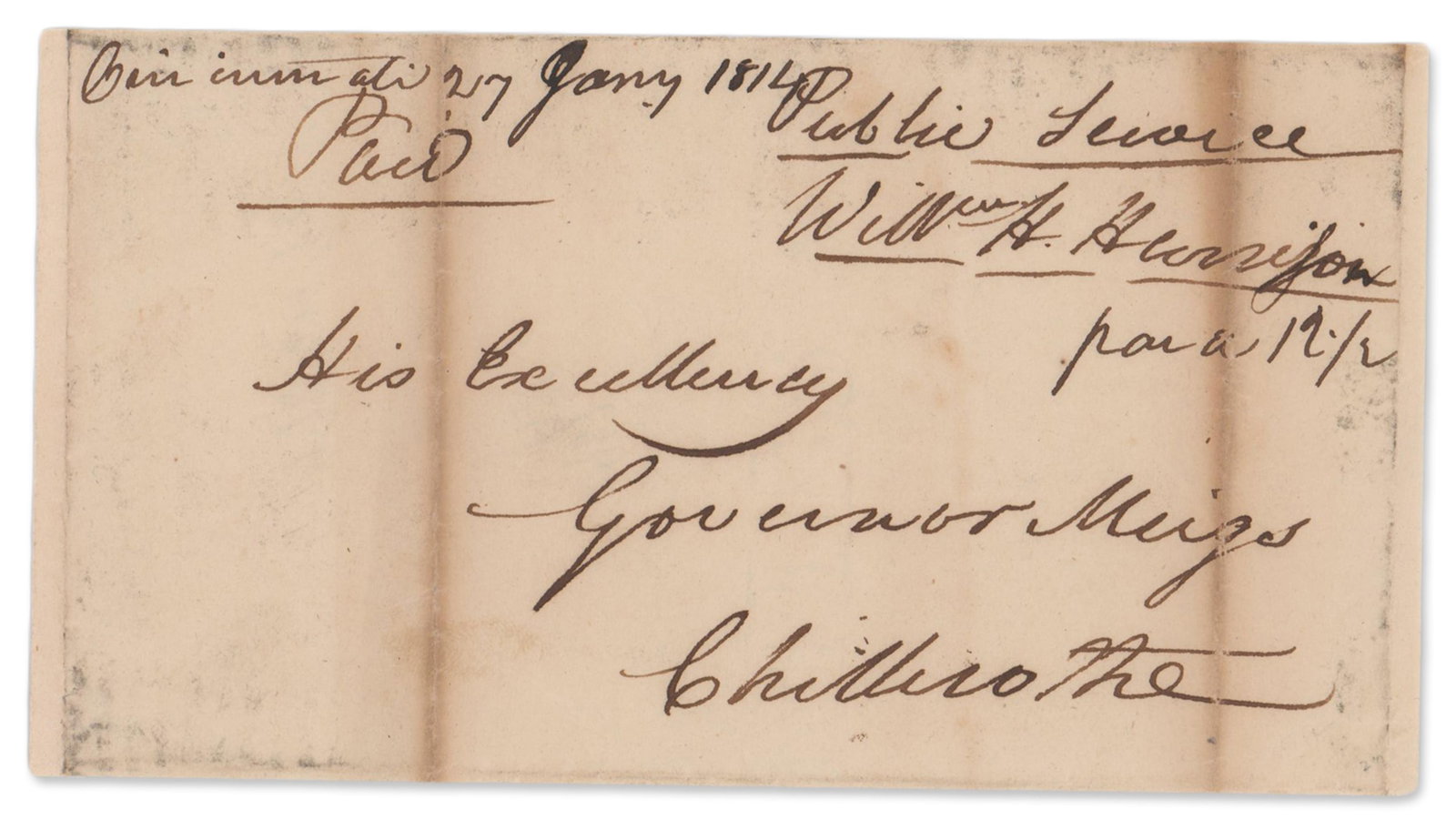 William H. Harrison War-dated Franking Signature on a Cover Addressed to Governor Meigs (1 of 2)