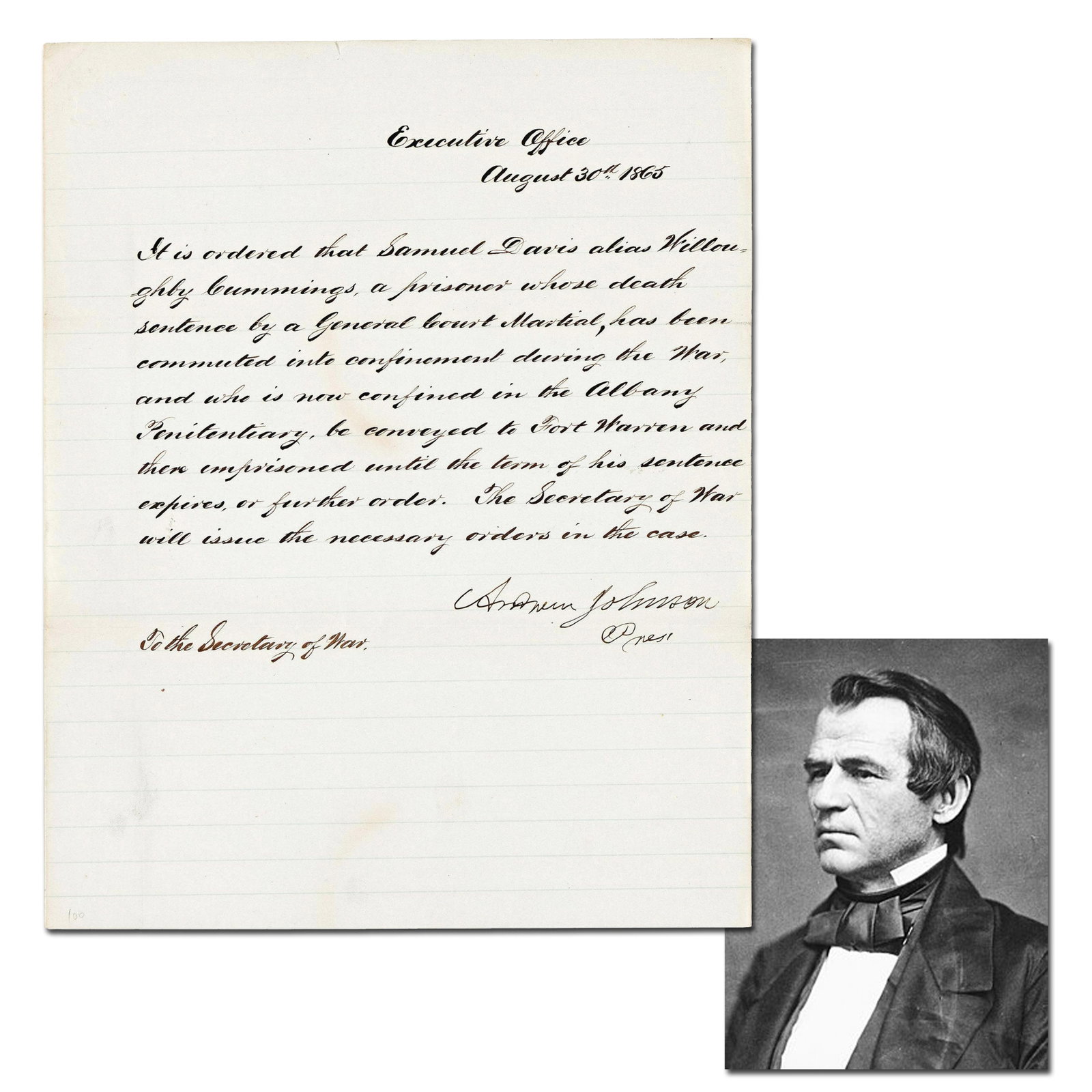 Andrew Johnson Helps a Confederate "prisoner whose death sentence" Avoid the Noose! Pristine (1 of 3)
