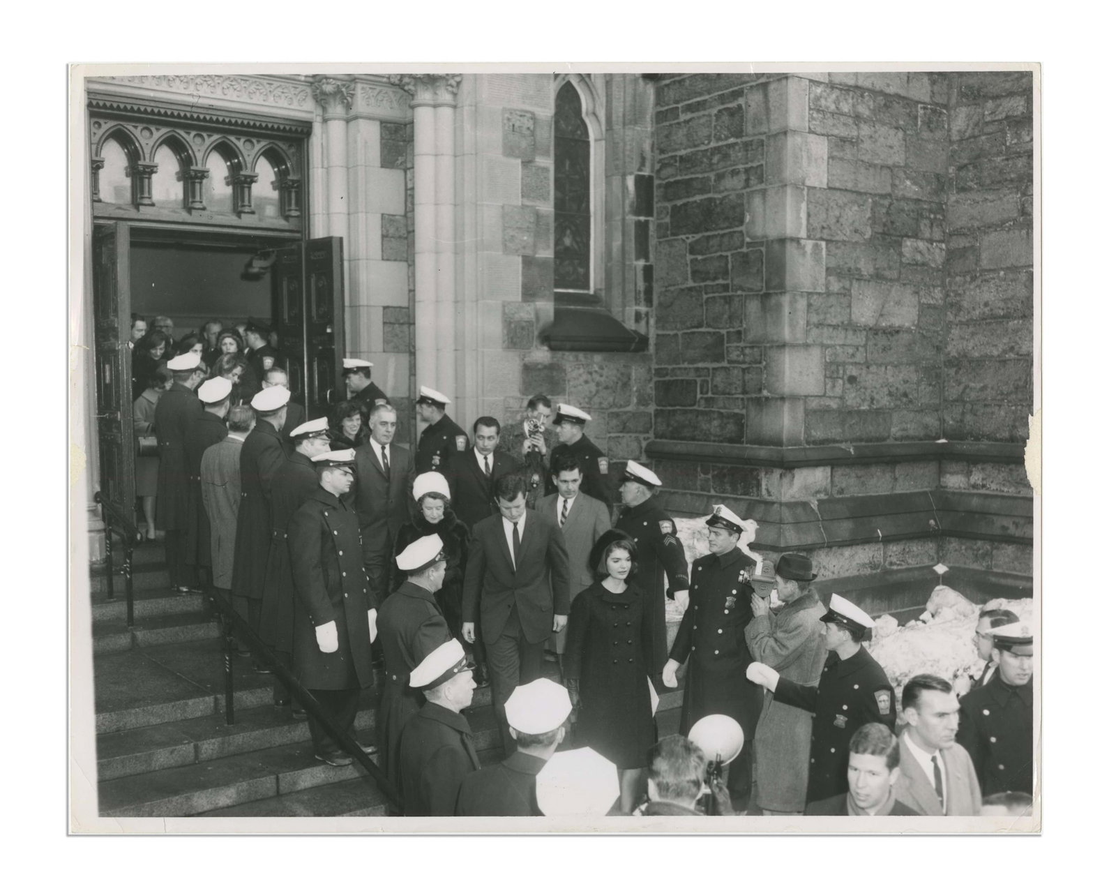 Jackie, Rose & Ted Kennedy at JFK Memorial Service Type I Photo with PSA LOA: Jacqueline Kennedy Boston, MA, January 19, 1964 Jackie, Rose & Ted Kennedy at JFK Memorial Service Type I Photo with PSA LOA Photograph Oversized black and white glossy Type I photograph of the