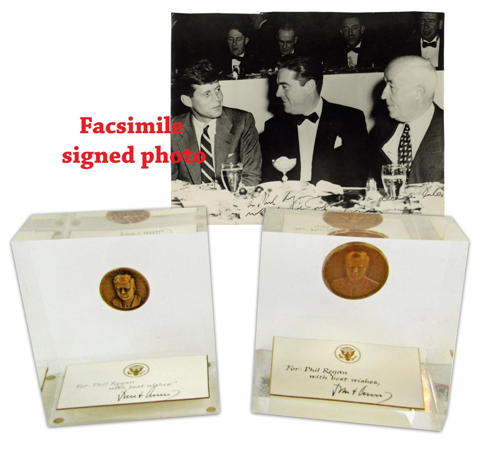 John F. Kennedy Presidential Autographs & Commemorative Medals In Unique Bookend Presentation - With (1 of 10)