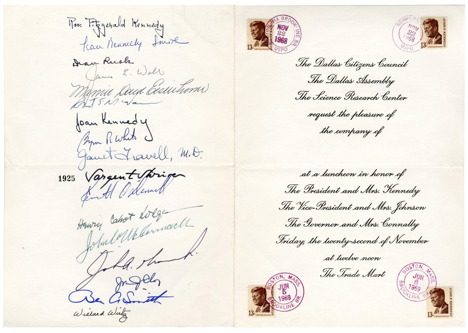 JFK Assassination: Trade Mart Invitation Signed by 17 VIPs from Kennedy's Personal Life &: John F. Kennedy Dallas, TX, November 22, 1963 JFK Assassination: Trade Mart Invitation Signed by 17 VIPs from Kennedy's Personal Life & Administration Signed Menu/Program A vintage invitation to the