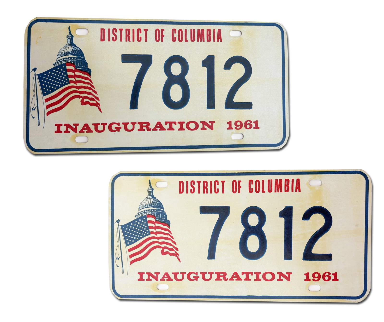 Pair of Original John F. Kennedy Inaugural License Plates: John F. Kennedy Washington, DC, ca. 1961 Pair of Original John F. Kennedy Inaugural License Plates Relics A pair of John F. Kennedy government issued inaugural license plates numbered "7812" in blue, 