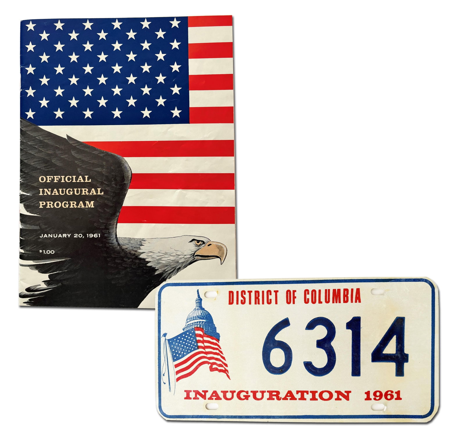 Fantastic Pair of Kennedy Items! Gov't Issued Inaugural License Plate, Possibly Parade-Used, and: John F. Kennedy Washington, DC, January 20, 1961 Fantastic Pair of Kennedy Items! Gov't Issued Inaugural License Plate, Possibly Parade-Used, and Official Inaugural Program Program and License Plate A
