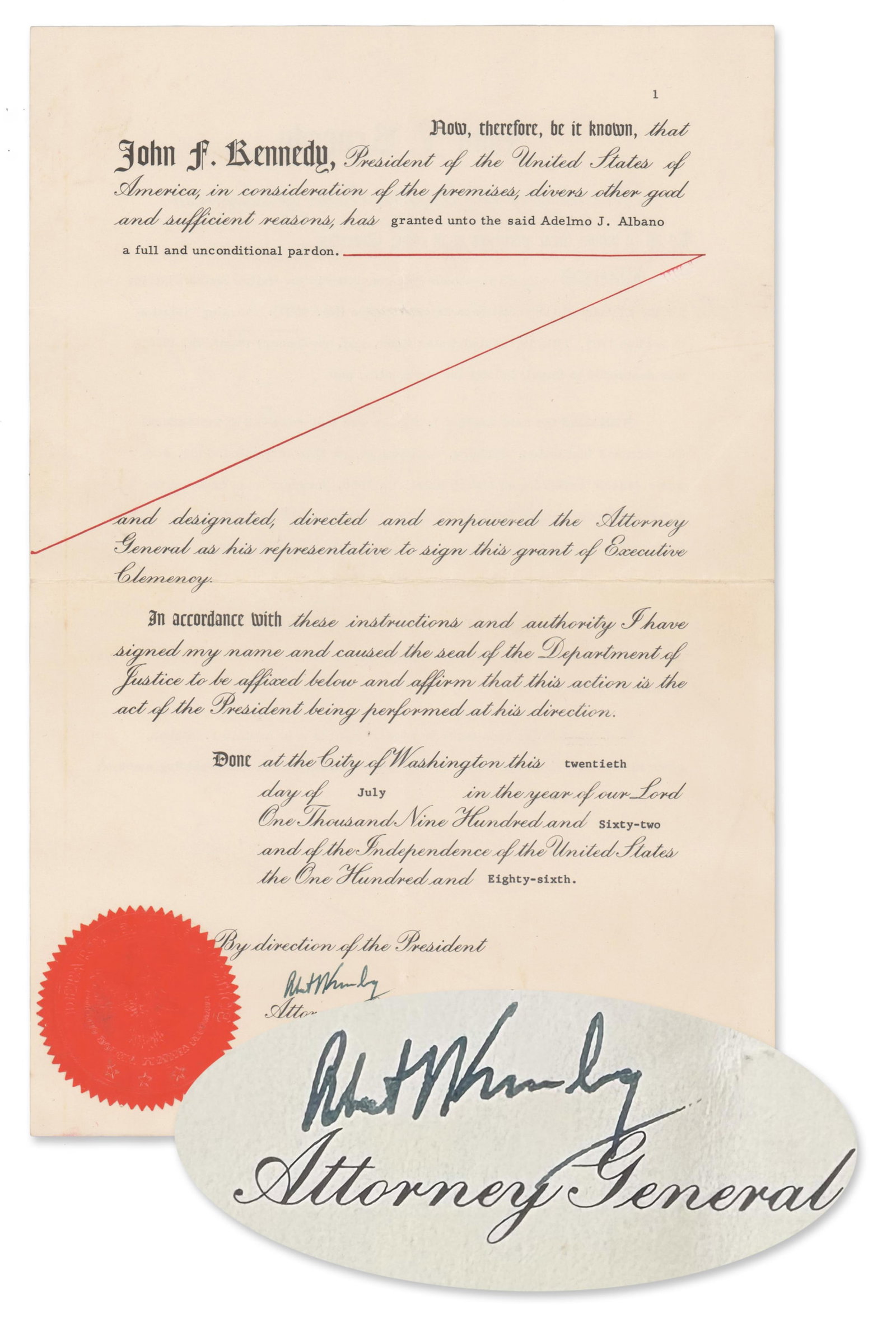 RFK Signed Full and Unconditional Pardon as JFK's Attorney General: Robert F. Kennedy Washington, DC, July 20, 1962 RFK Signed Full and Unconditional Pardon as JFK's Attorney General DS Robert F. Kennedy signed pardon as Attorney General. 2pp, 9” x 13.5”;