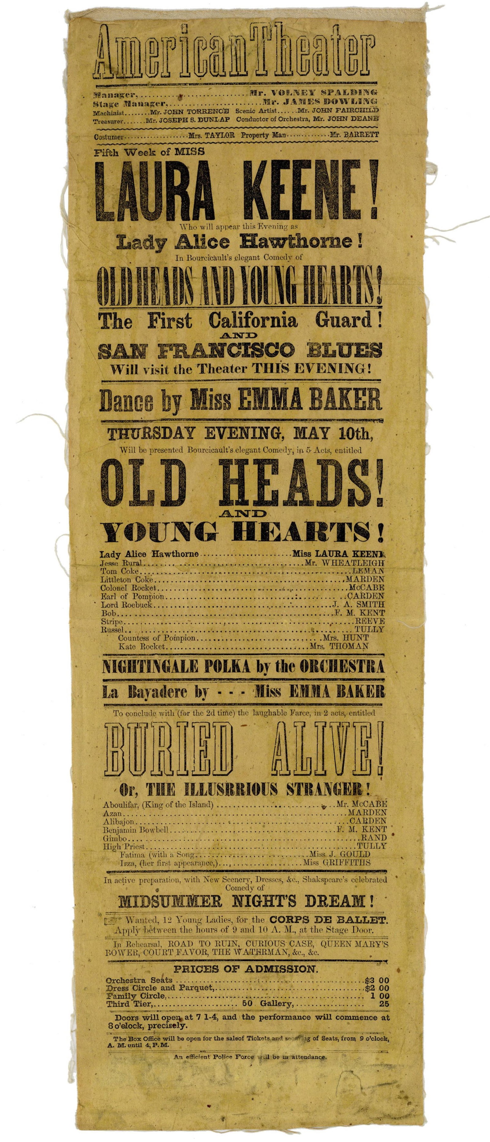 Laura Keene 1855 Sacramento Playbill 10 Years Before Another Comedy, "Our American Cousin" (1 of 3)