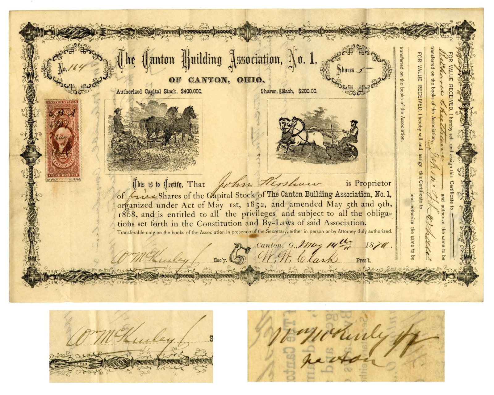 William McKinley Twice Signed Canton Building Association Certificate! (1 of 3)