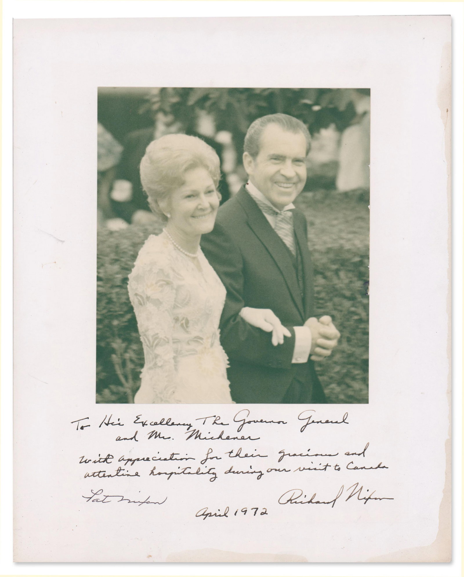 Richard and Pat Nixon SP Presented to Governor General of Canada Roland Michener: Richard Nixon n.p., ca. April 1972 Richard and Pat Nixon SP Presented to Governor General of Canada Roland Michener SP Richard and Pat Nixon signed photograph. Photo measures 6.375" x 7.375", mounted
