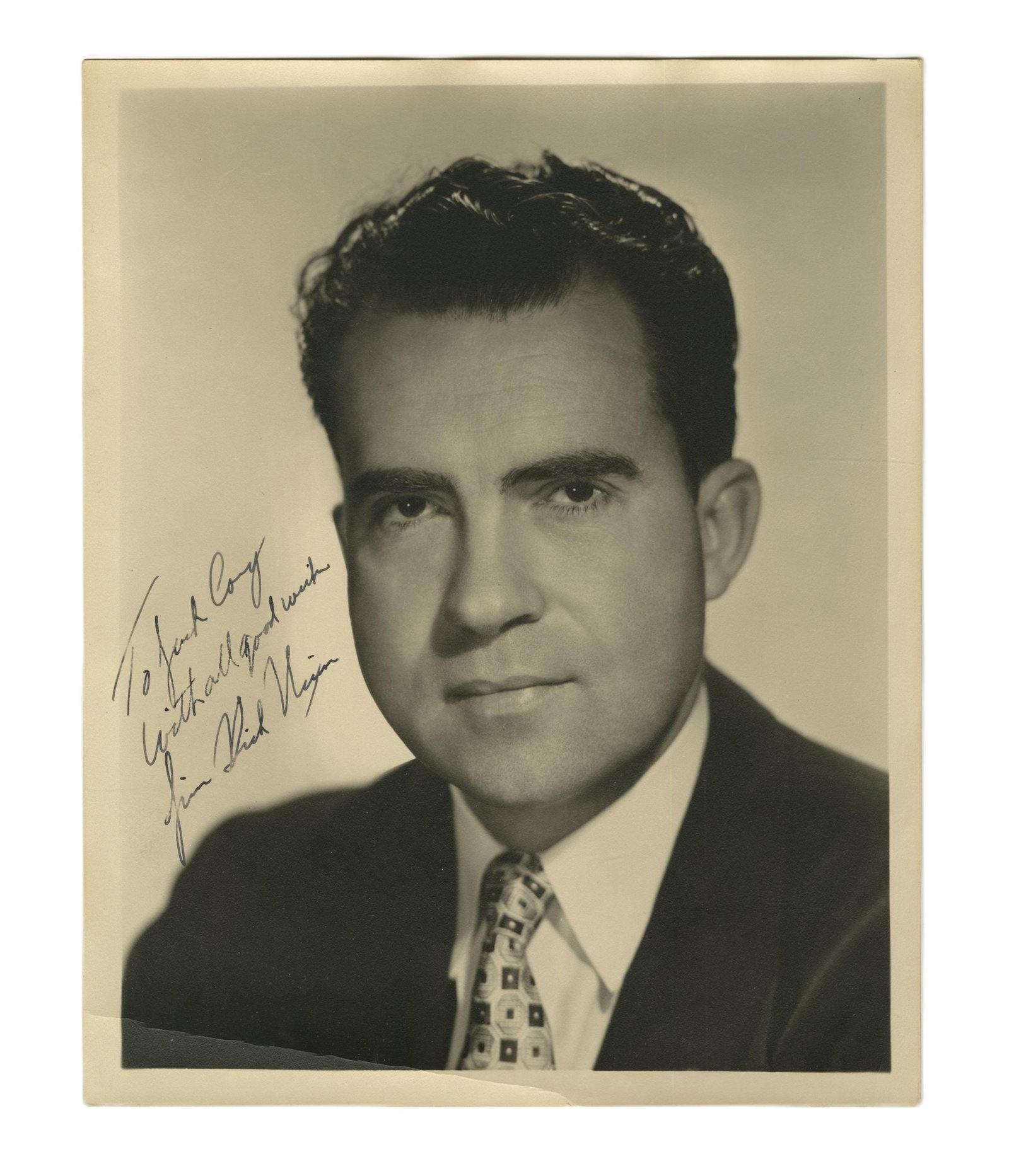Richard Nixon Early Signed Photo: Richard Nixon n.p., ca. 1952 Richard Nixon Early Signed Photo Signed photograph Richard Nixon (1913-1994). Early black and white portrait photograph of Richard Nixon inscribed "To Jack Corey with all