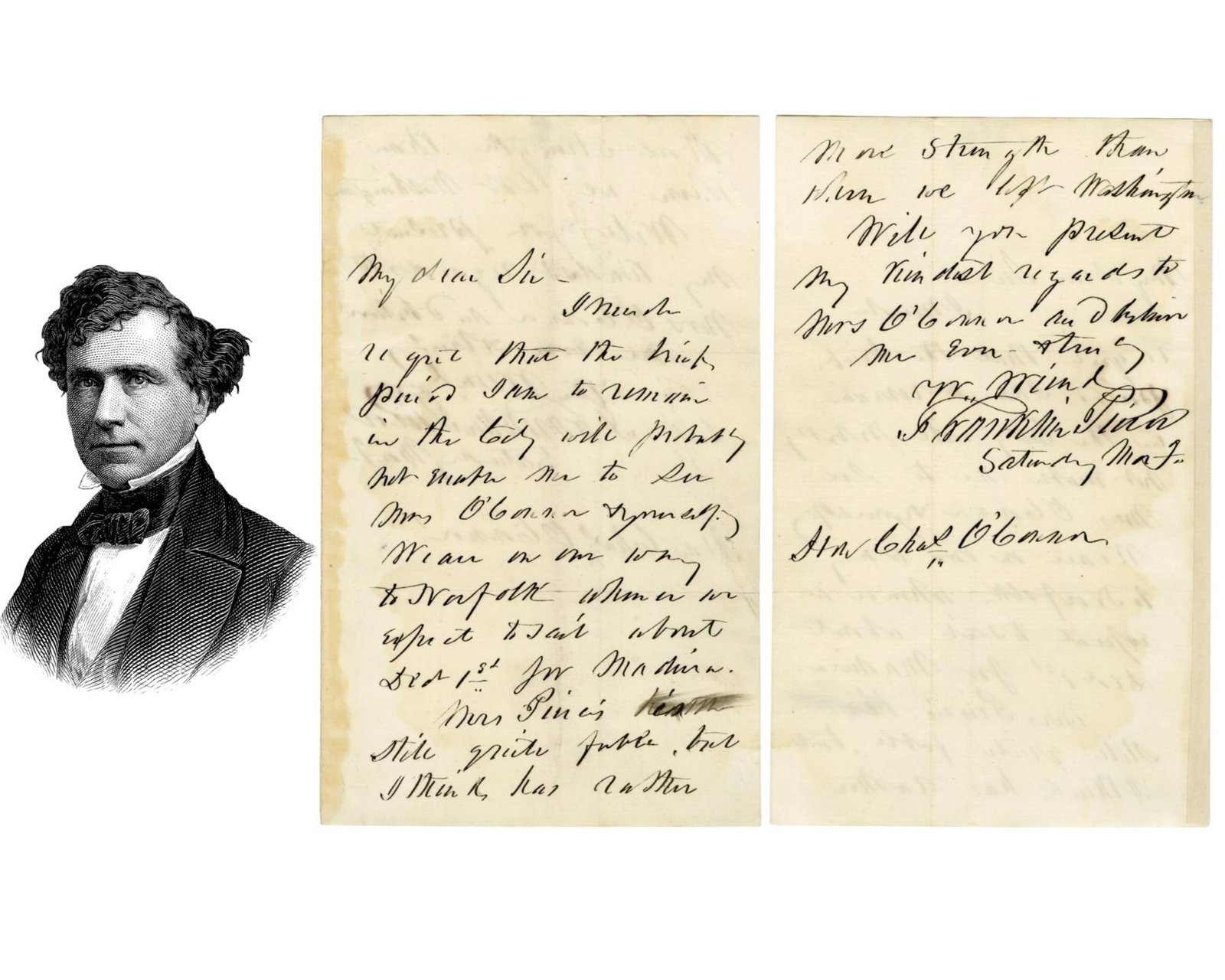 Franklin Pierce Bold Signed ALS! "Mrs Pierce’s health still quite feeble... has rather more: Franklin Pierce n.p., n.d. Franklin Pierce Bold Signed ALS! "Mrs Pierce’s health still quite feeble... has rather more strength" ALS ALS on a single folded sheet, signed “Franklin