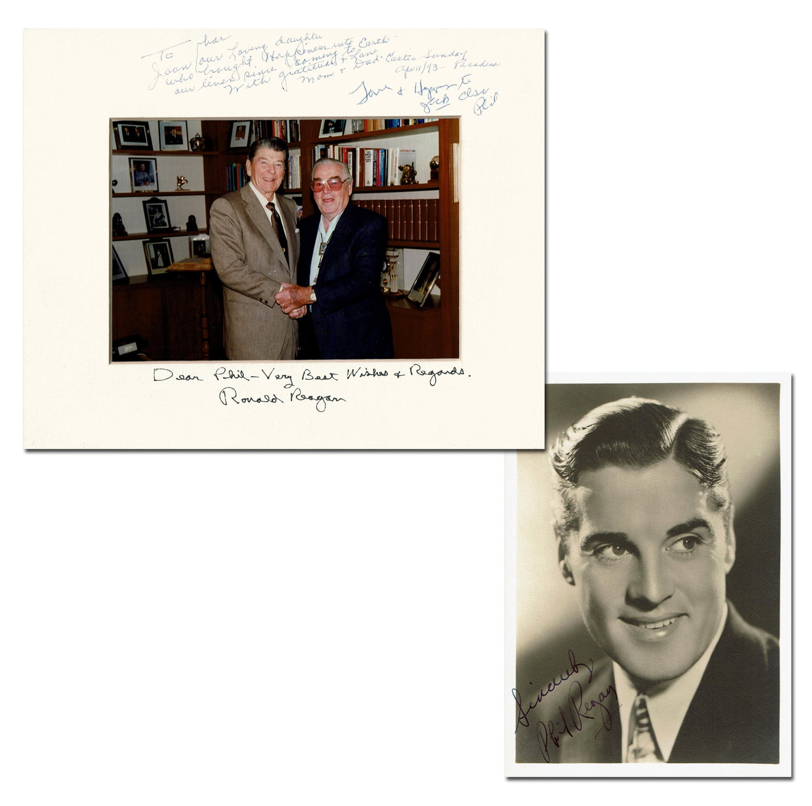Ronald Reagan & Phil Regan Lot of 2 Signed Photos: Ronald Reagan n.p., n.d. Ronald Reagan & Phil Regan Lot of 2 Signed Photos Signed Photographs Ronald Reagan (1911-2004). A glossy color photograph of Reagan shaking hands with Phil Regan, 6.5" x 4.5" 
