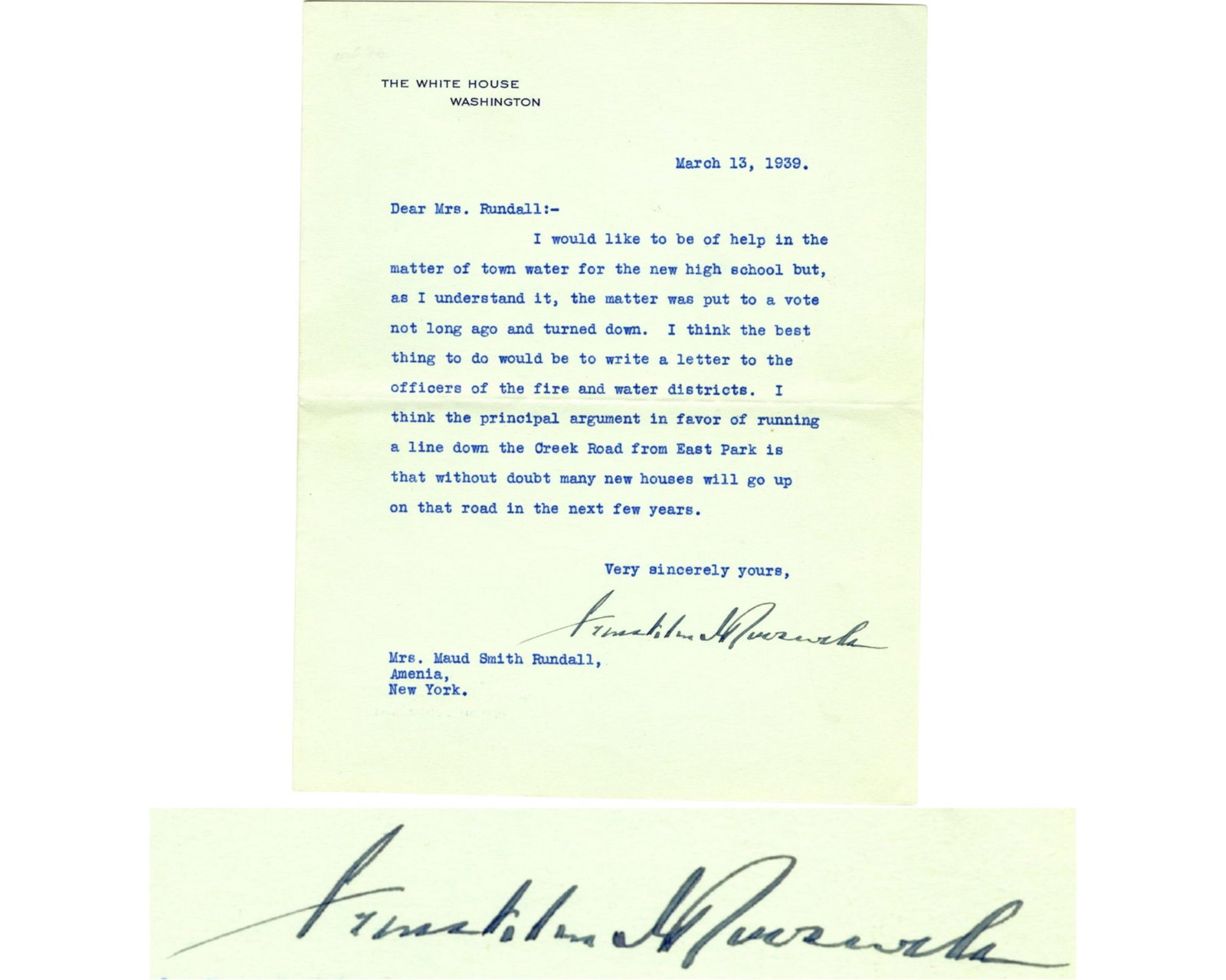FDR TLS Stays Involved in NY Affairs on the Brink of WWII: Franklin Roosevelt Washington, DC, March 13, 1939 FDR TLS Stays Involved in NY Affairs on the Brink of WWII TLS One-page Typed Letter Signed (TLS) by President Franklin D. Roosevelt, dated March 13, 1