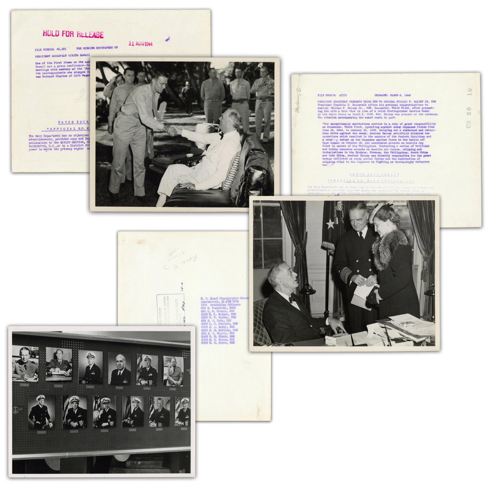 (3) U.S. Navy Press Photos, ca. 1944-1963, Two Featuring FDR: Franklin D. Roosevelt various, ca. 1944-1963 (3) U.S. Navy Press Photos, ca. 1944-1963, Two Featuring FDR Archive A small group of vintage U.S. Navy press photographs, World War II-era through 1963,