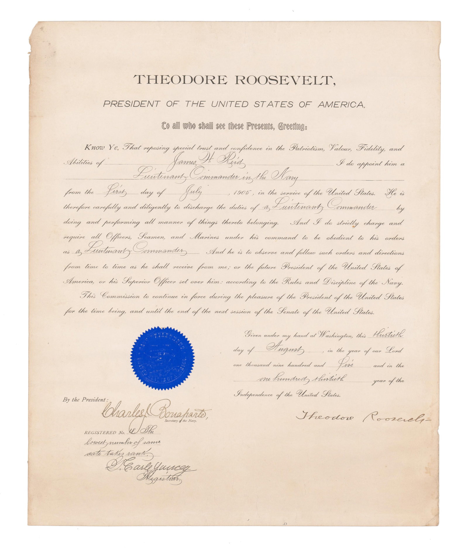 T. Roosevelt Signed Naval Appointment of Civil War Veteran, Commissioned One Year Later: Theodore Roosevelt Washington, DC, August 30, 1905 T. Roosevelt Signed Naval Appointment of Civil War Veteran, Commissioned One Year Later Partially printed DS A partially printed appointment signed