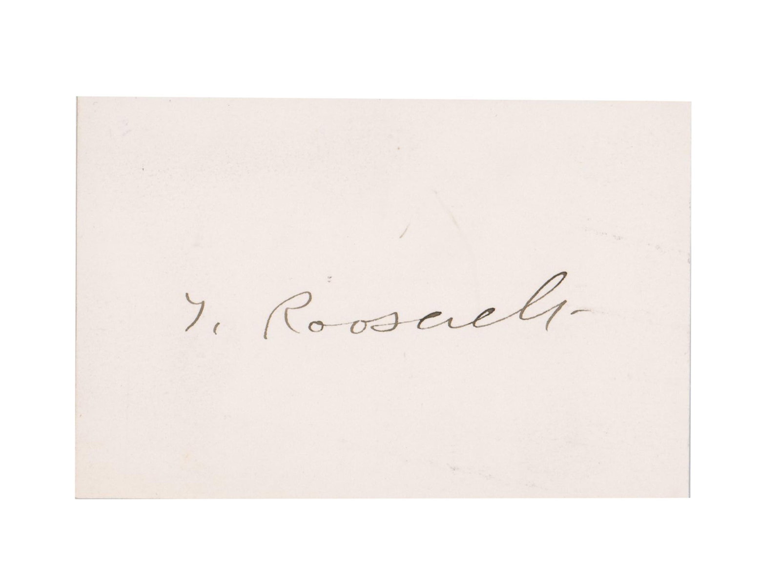 Theodore Roosevelt Signed Card: Theodore Roosevelt n.p., n.d. Theodore Roosevelt Signed Card Signature An autographed card signed by the President as "T. Roosevelt" in black fountain pen. Measures 4.5" x 3", n.p., undated. Remnants