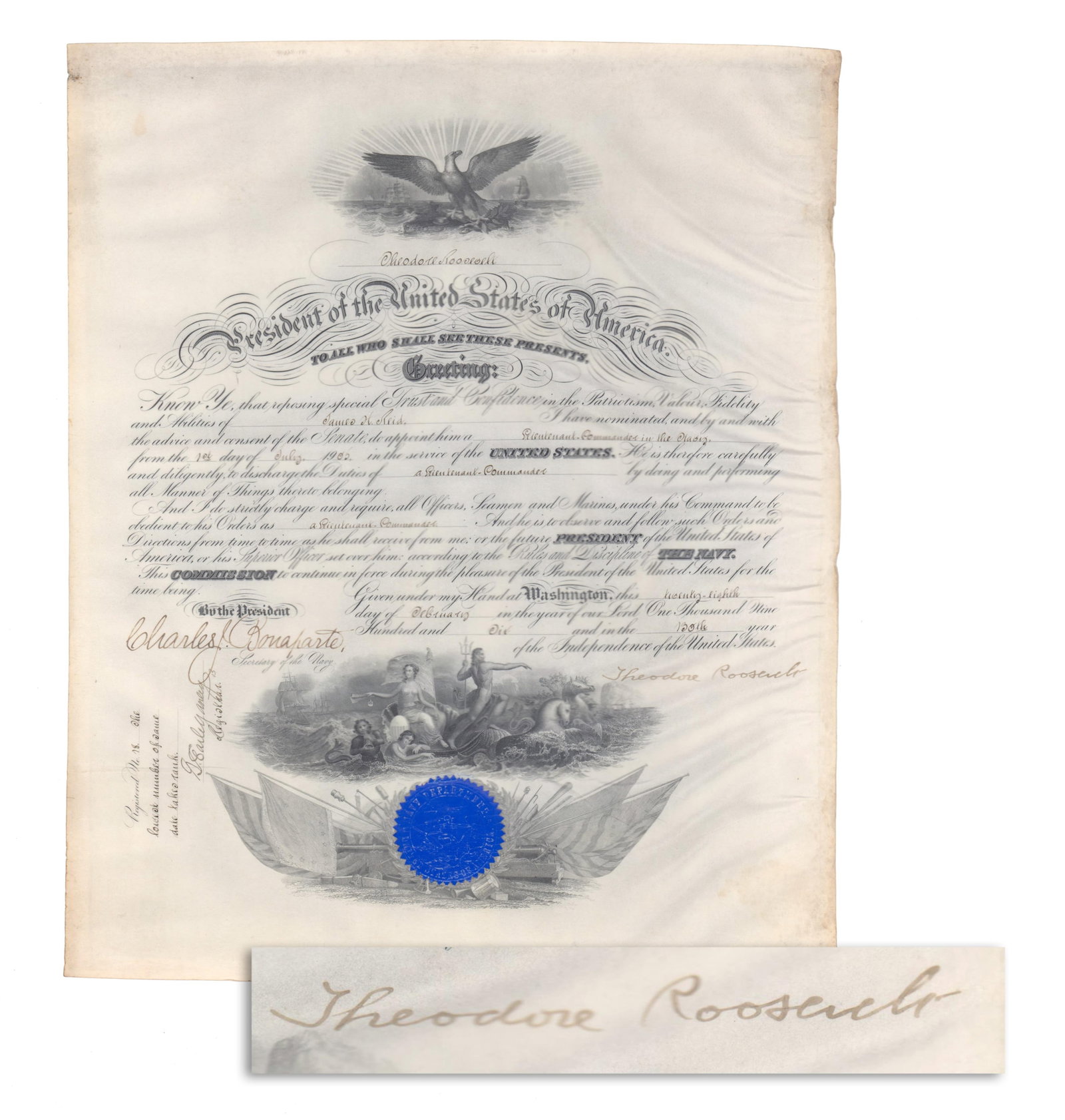 T. Roosevelt Naval Commission of Civil War Veteran to Lt. Commander: Theodore Roosevelt Washington, DC, February 28, 1906 T. Roosevelt Naval Commission of Civil War Veteran to Lt. Commander Partially printed DS A partially-printed military commission signed by the
