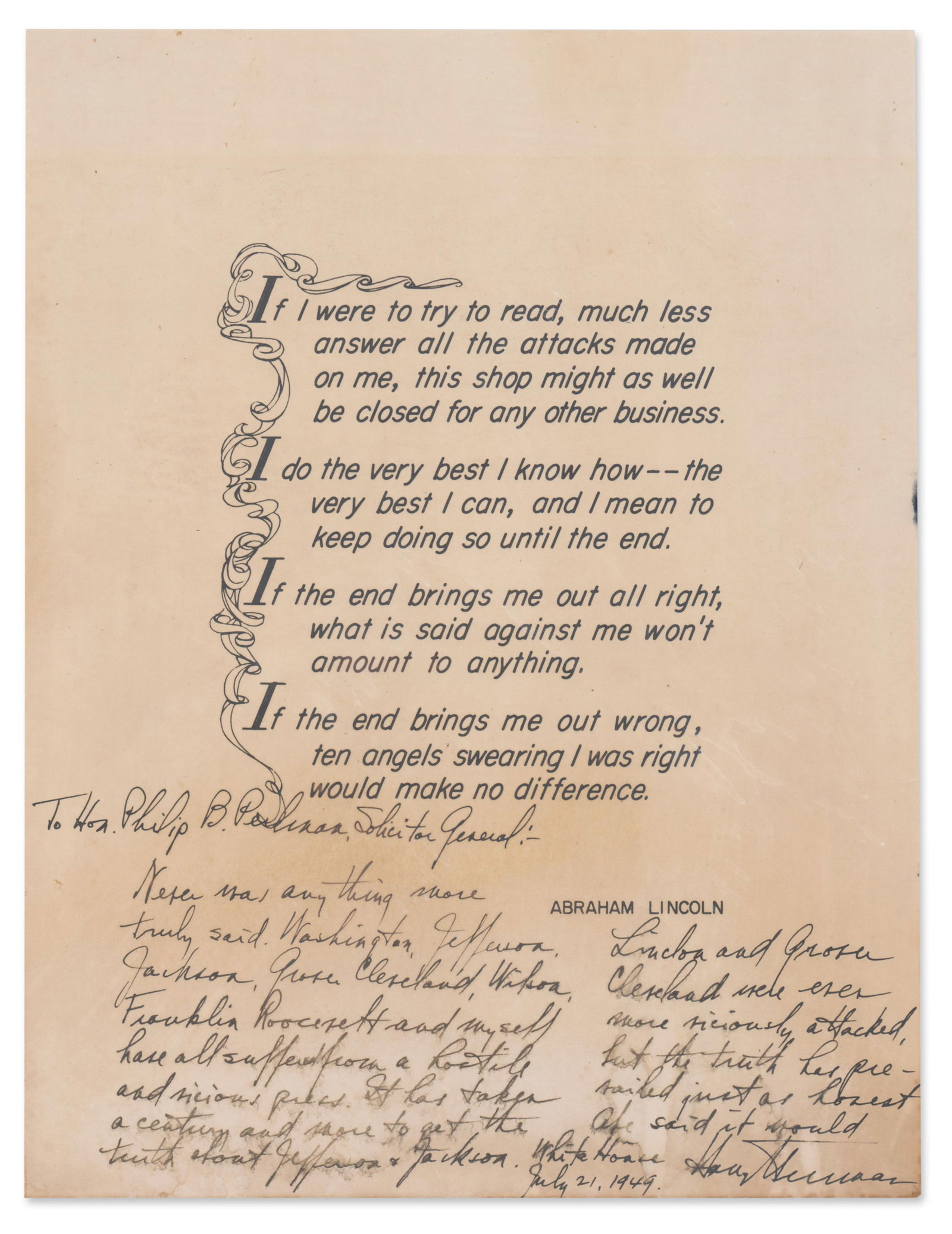 Truman Invokes Lincoln to Reassure Philip Perlman, the First Jewish U.S. Solicitor General: "the: Harry Truman White House, July 21, 1949 Truman Invokes Lincoln to Reassure Philip Perlman, the First Jewish U.S. Solicitor General: "the truth prevailed just as Honest Abe said" Signed print Harry